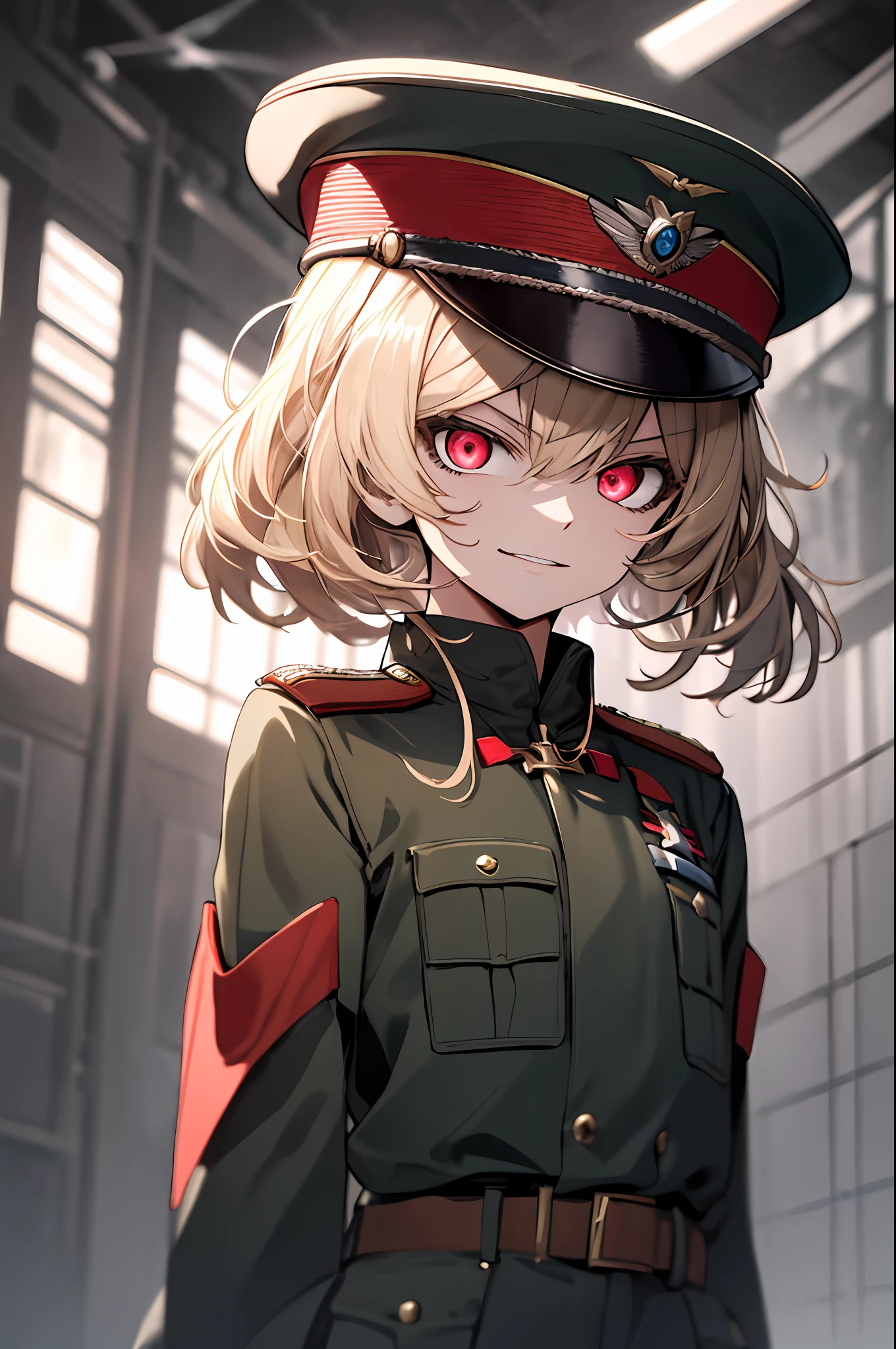 (masterpiece, best quality: 1.1), 1girl solo, tanya, 1girl, solo, petite, flat chest, small breasts, curvy, military, military uniform, , general hat, evil smile, wicked expression, anger, red eyes, neutral lighting