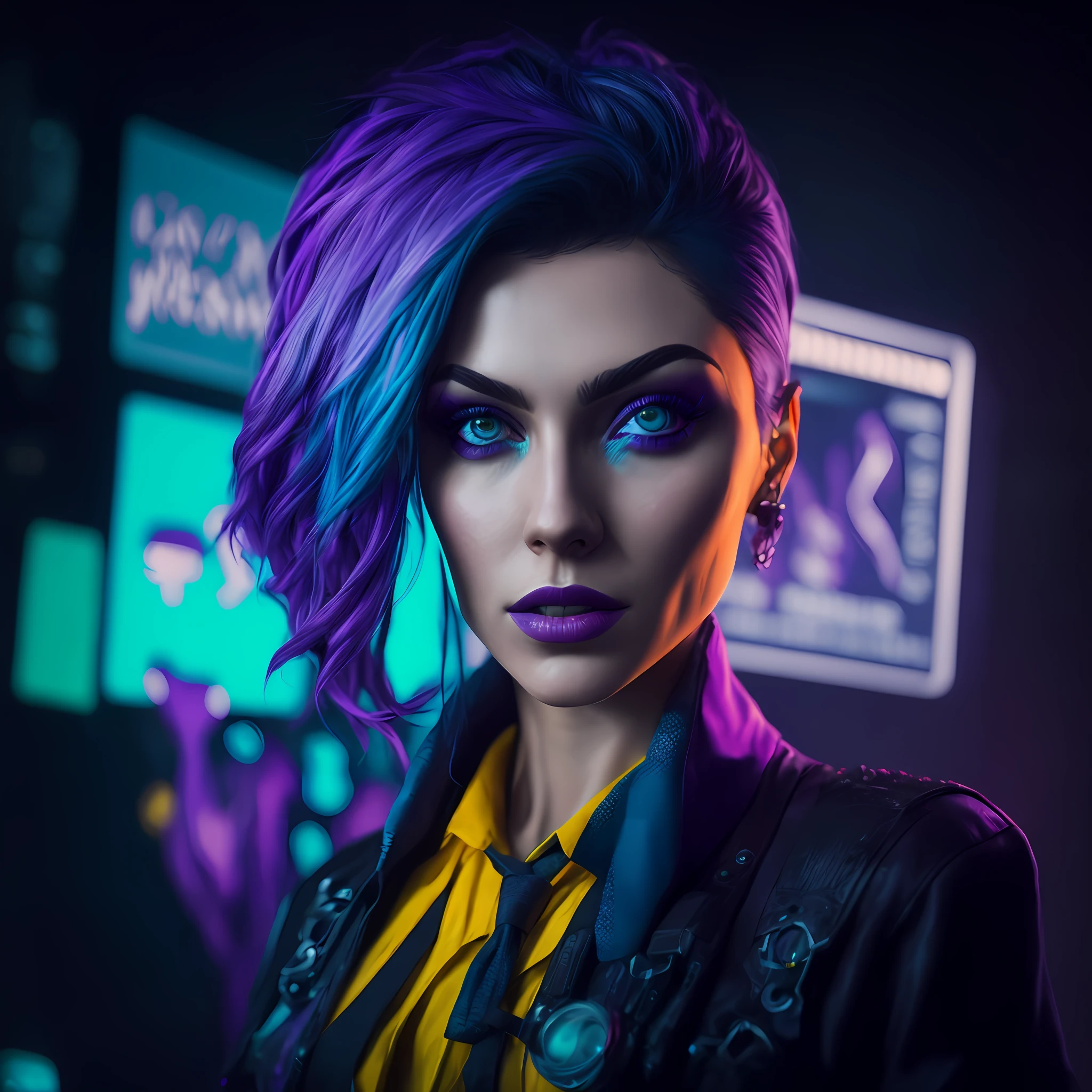 arafed woman with purple hair and blue eyes in a neon room, hyper-realistic cyberpunk style, cyberpunk art ultrarealistic 8k, cyberpunk style color, cyberpunk portrait, beautiful cyberpunk woman model, the cyberpunk girl portrait, cyberpunk style , hyperrealistic, in cyberpunk style, cyberpunk look, cyberpunk photo, cyberpunk 2 0 y. o model girl, cyberpunk jackie welles --auto