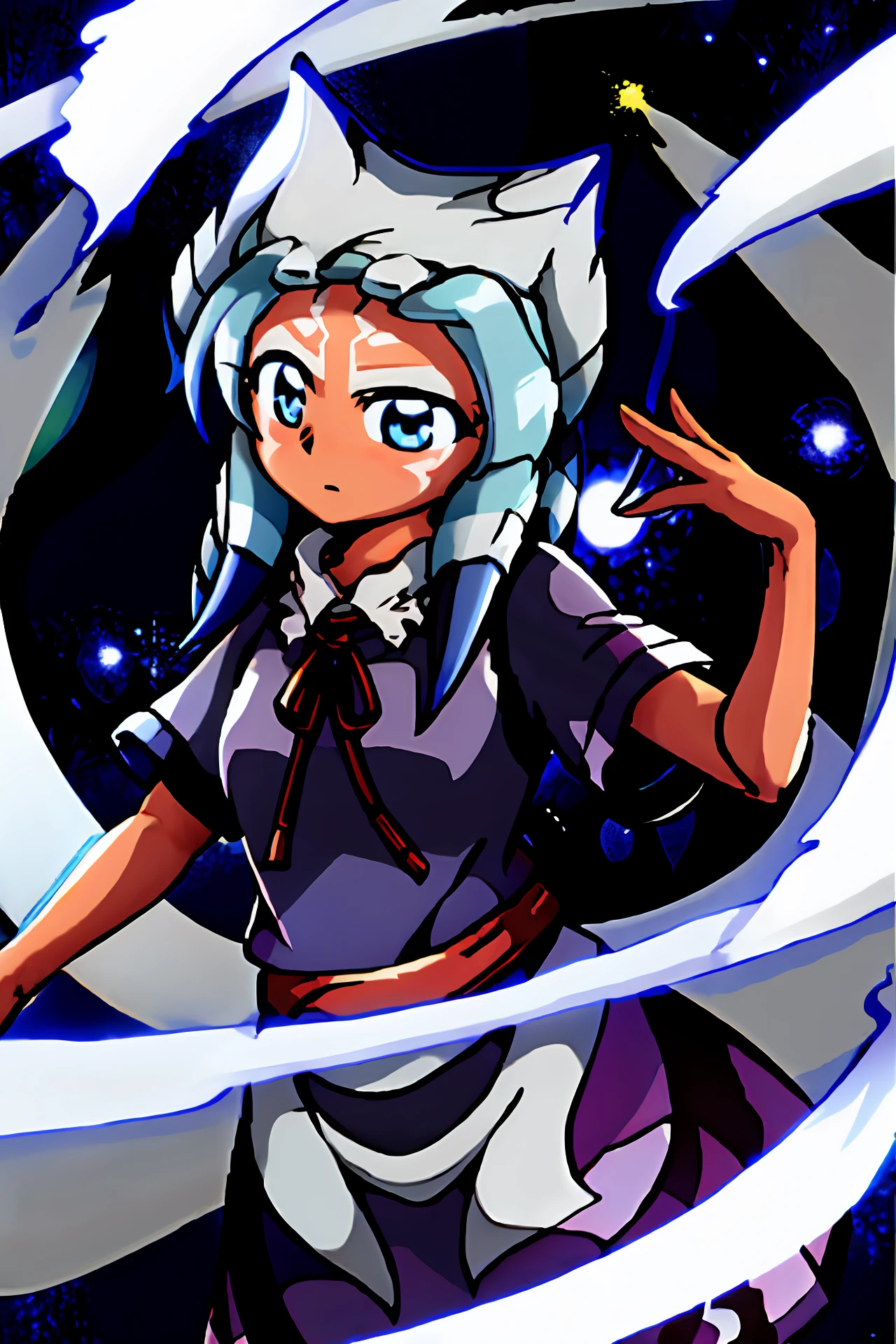 touhou 
art style  1girl, blue eyes, orange skin, tentacle hair