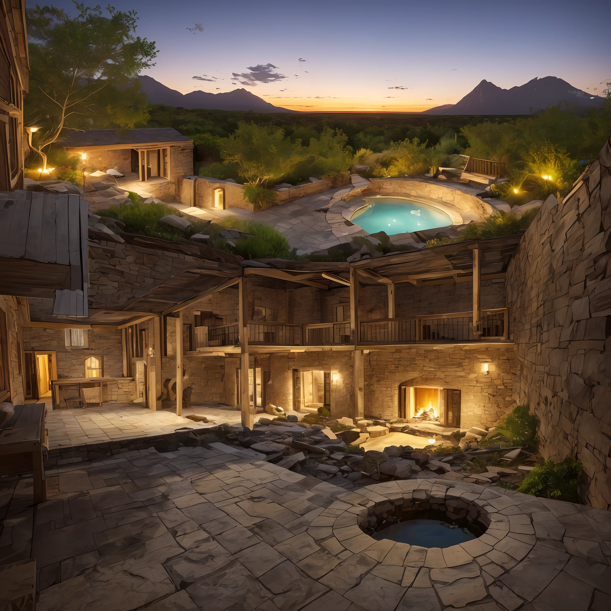 Realistic drawing, Computer visualized graphics, realistic fantasy, Extensive landscape ultra photography (general view, which shows the room, dark, dim basement, stone steps to the basement, steps leading to the bottom, a small stone ruined platform, a collapsed fountain, dried water, broken wooden railings, a destroyed fountain in the form of a bowl below, dried water), darkness, night, basement, blurred background, gloomy, blue, dark, purple background, gray, cold, magical, "Majestic mountains," "Lush forests," "Glittering lakes," "Desert dunes," "Golden sunsets."