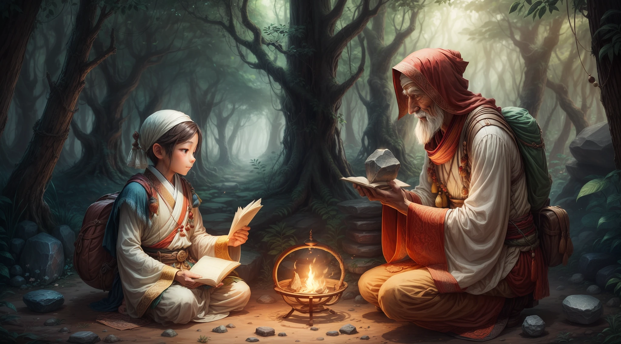 Create an image to illustrate a tale called: A Journey of Stones: Discovering Inner Value. Once upon a time there was a young explorer who wandered the unknown lands in search of hidden treasures. On his journey, he came across a wise old man, known for his inspiring stories. Curious, the explorer approached and asked the sage, "Master, what is the greatest treasure I can find in my life?" The sage smiled and replied cryptically, "Go to the nearby forest and find a stone of significant size. Take it with you and follow the instructions I will give. Only in this way will you discover the true value of your journey." Please bring to life this enchanting scene of discovery and wisdom and ensuring that all the protagonists of the story appear in the image and an oriental Zen touch in the overall aesthetic.