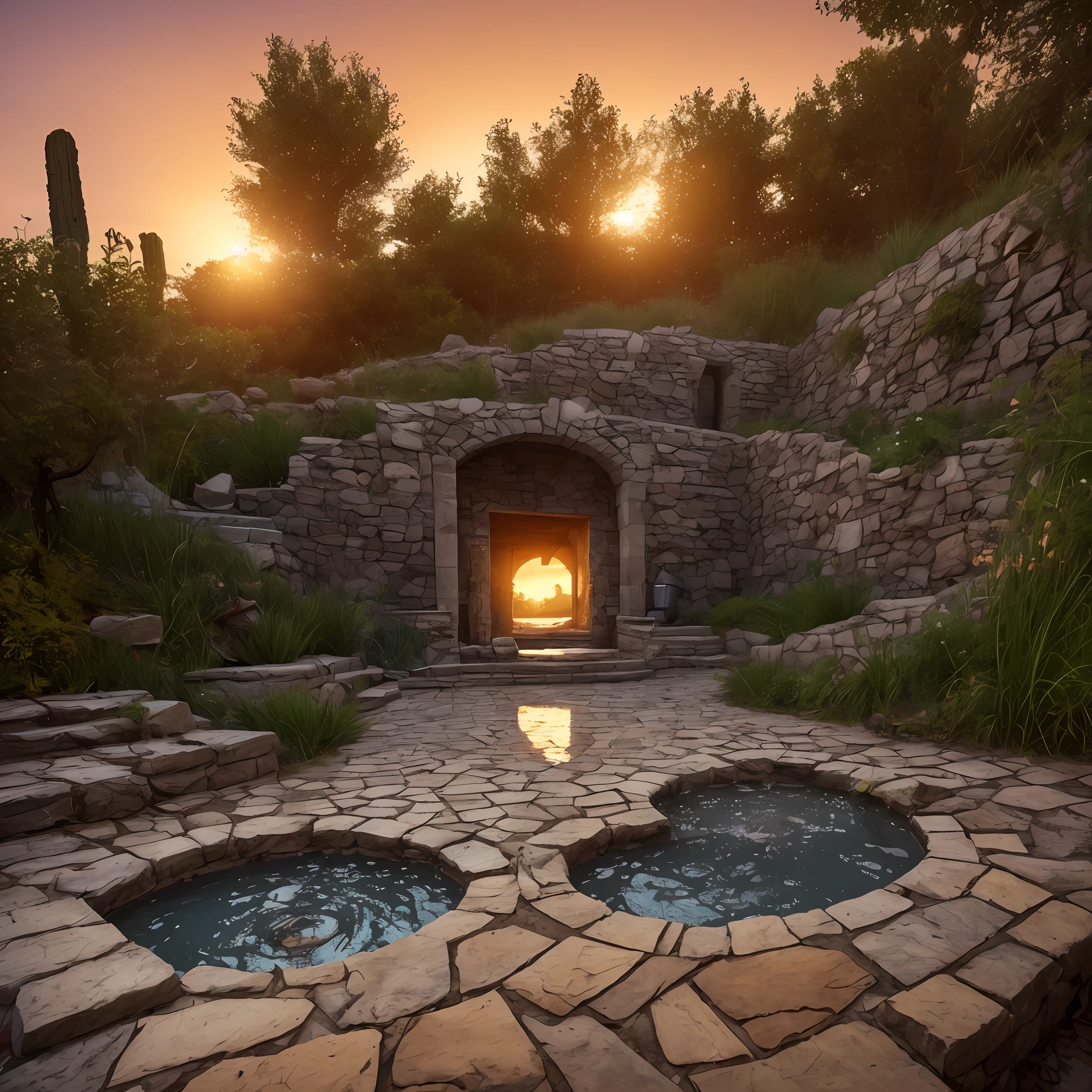 Realistic drawing, Computer visualized graphics, realistic fantasy, Extensive landscape ultra photography (general view, which shows the room, dark, dim basement, stone steps to the basement, steps leading to the bottom, a small stone ruined platform, a collapsed fountain, dried water, broken wooden railings, a destroyed fountain in the form of a bowl below, dried water), darkness, night, basement, blurred background, gloomy, blue, dark,  purple background, gray, cold, magical, "Majestic mountains," "Lush forests," "Glittering lakes," "Desert dunes," "Golden sunsets."