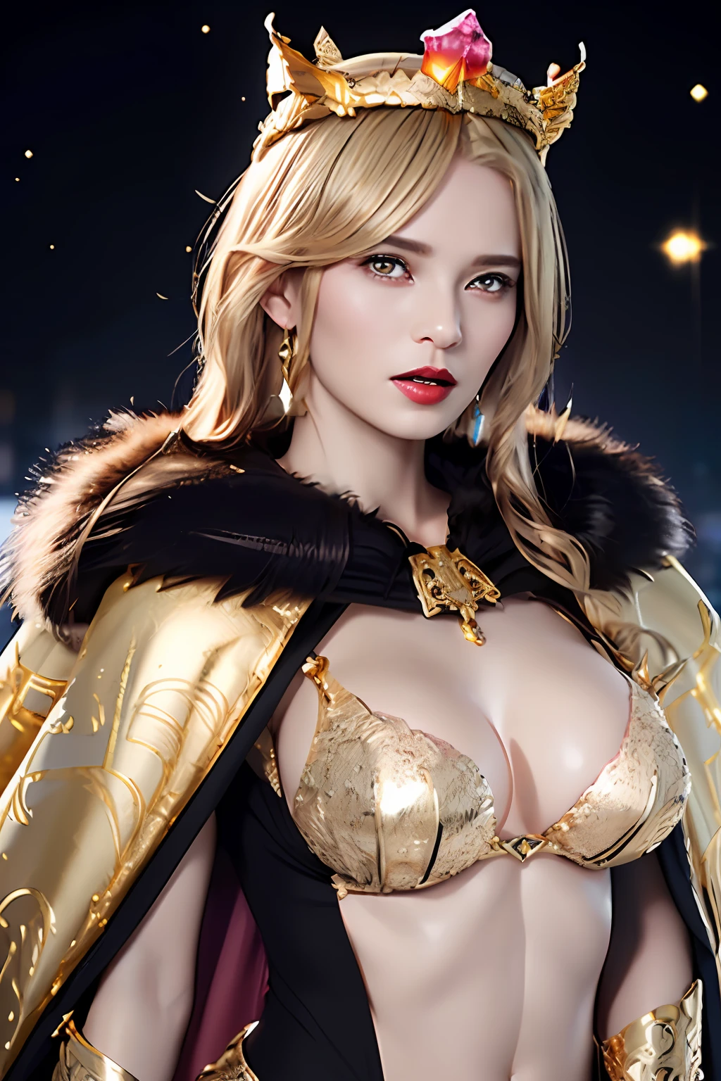 Ultra-detailed complex 3D rendering of the face, (masterpiece, top quality, octane rendering,), glamour shots, full body image, very beautiful young elves, cleavage, (highly detailed skin: 1.2), (exposure: 1.1), ((gold micro bikini studded with jewels: 1.95))))). 40k, (((very soft breasts)), (((noticeable large pink areola)), beautiful Caucasian woman with full soft breasts and dark skin with big buttocks, one, long braided hair, big breasts, dynamic angle, (((huge breasts: 2.4)), ultra-realistic photos, ((((blonde))), futuristic urban background, facial muscles, (((((detailed and glamorous gold crown)))), In the style of Marvel Comics, ArtStation Trends, Clear Focus, Intricate Detail, Very Detailed, Detailed Red Eyes, Very Detailed, Sharp Focus, Digital Rendering, Professional, Abs, Lip Gloss, Glossy Skin, (Glamorous Black Cape Lined with Fur: 1.95))))