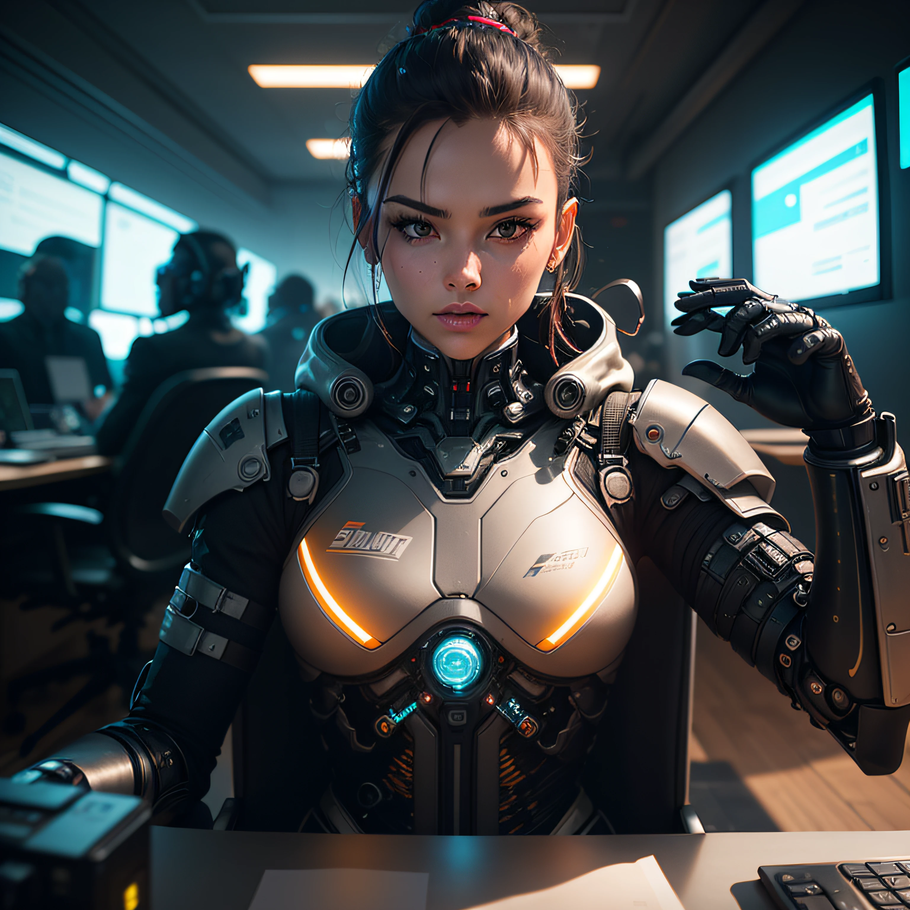 Create an Android character with a highly realistic appearance with dark brown skin tone, similar to a cyberpunk-style robot. Android should have a mix of mechanical and human features, featuring advanced cyber enhancements.

Put Android inside a cyberpunk-themed office environment. The office should reflect a futuristic aesthetic, with elements such as neon lights, holographic displays and advanced technology. Incorporate details like computer terminals, sleek desks, and futuristic office chairs.

Make sure the image resolution is 8K UHD, providing a high level of detail and clarity.

Set the lighting to be low and severe, creating a dramatic contrast between light and shadow. Use atmospheric lighting techniques, such as neon glows and subtle reflections, to enhance the cyberpunk environment.

Maintain a high-quality image with sharp focus by capturing the intricate details of Android and office setup. Pay attention to textures, reflections, and small mechanical details to add realism.

As a reference for the camera style, look for a look similar to the Fujifilm XT3. Consider composition, depth of field, and dynamic range to create an engaging and visually appealing image.
