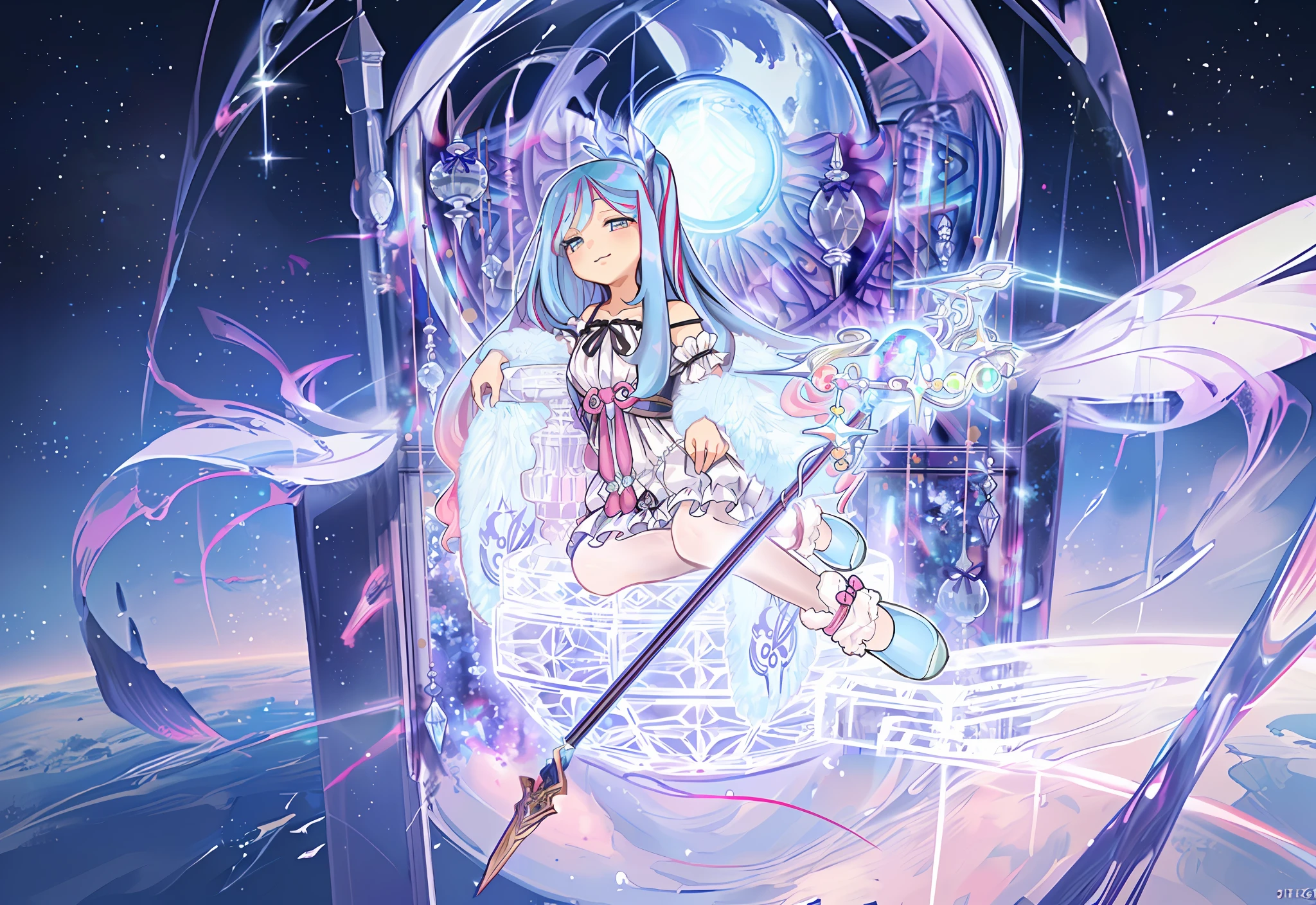 anime girl with blue hair and a sword in front of a blue background, sparkling magical girl, high detailed official artwork, official artwork, portrait of magical girl, anime art nouveau cosmic display, astral fairy, beautiful celestial mage, magical girl, [ tarot card ]!!!!!, infinite celestial library, detailed key anime art, style of magical girl, astral ethereal, celestial aura