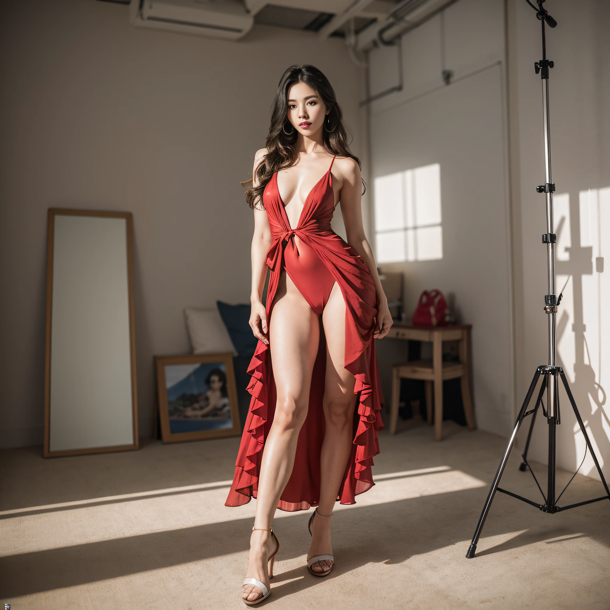 (masterpiece), (highest quality), (realistic), perfect face, perfect eyes, beautiful nose, perfect mouth, perfect proportions, fashion model, photo studio shooting, natural lighting, 20 years old, beautiful woman, long hair, standing, front full body, attractive face, red lips, red high heels, face length and neat face,