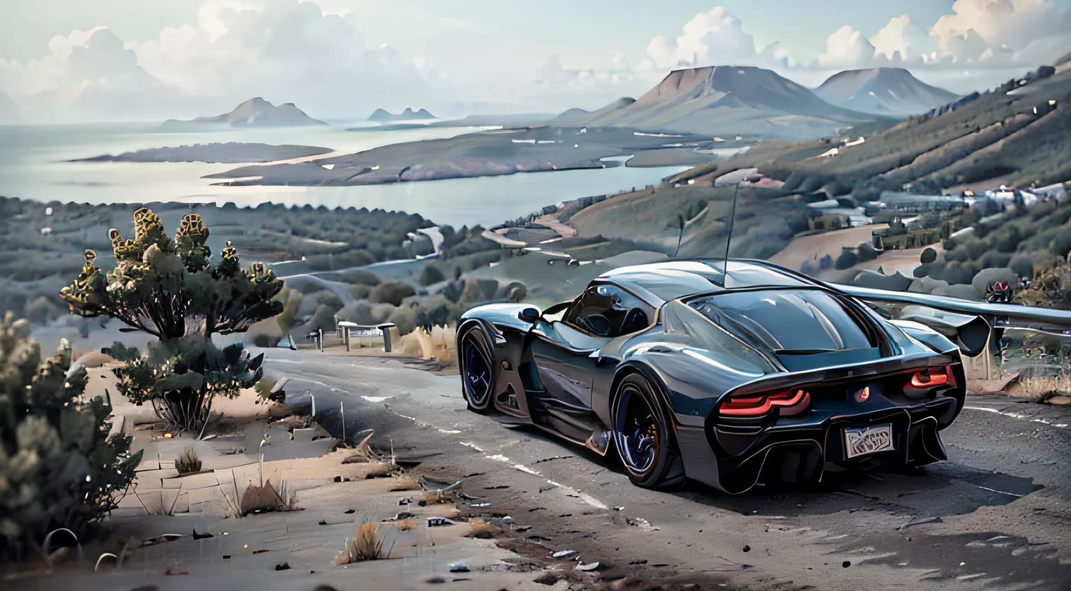 A handsome sports car spers down the road by the side of the mountain