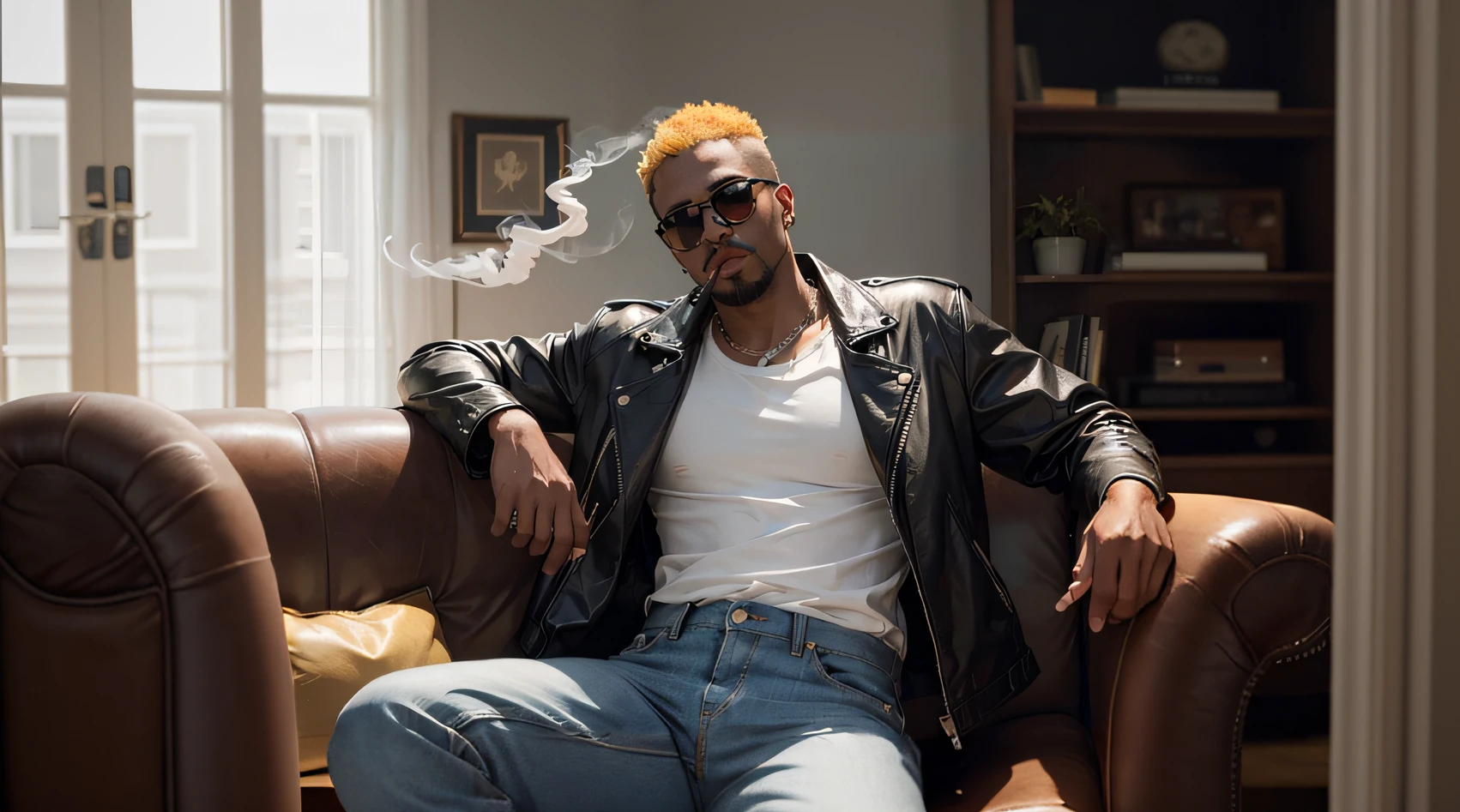 araffe man sitting on a couch smoking a cigarette, with cigar, smoking and holding a gun, dramatic smoking pose, while smoking a cigar, subject action: smoking a cigar, smoking cigar, he is smoking a cigarette, portrait image, smoker, handsome hip hop young black man, smoking a thick cigar, cigar, taking a smoke break, portrait shot 8 k