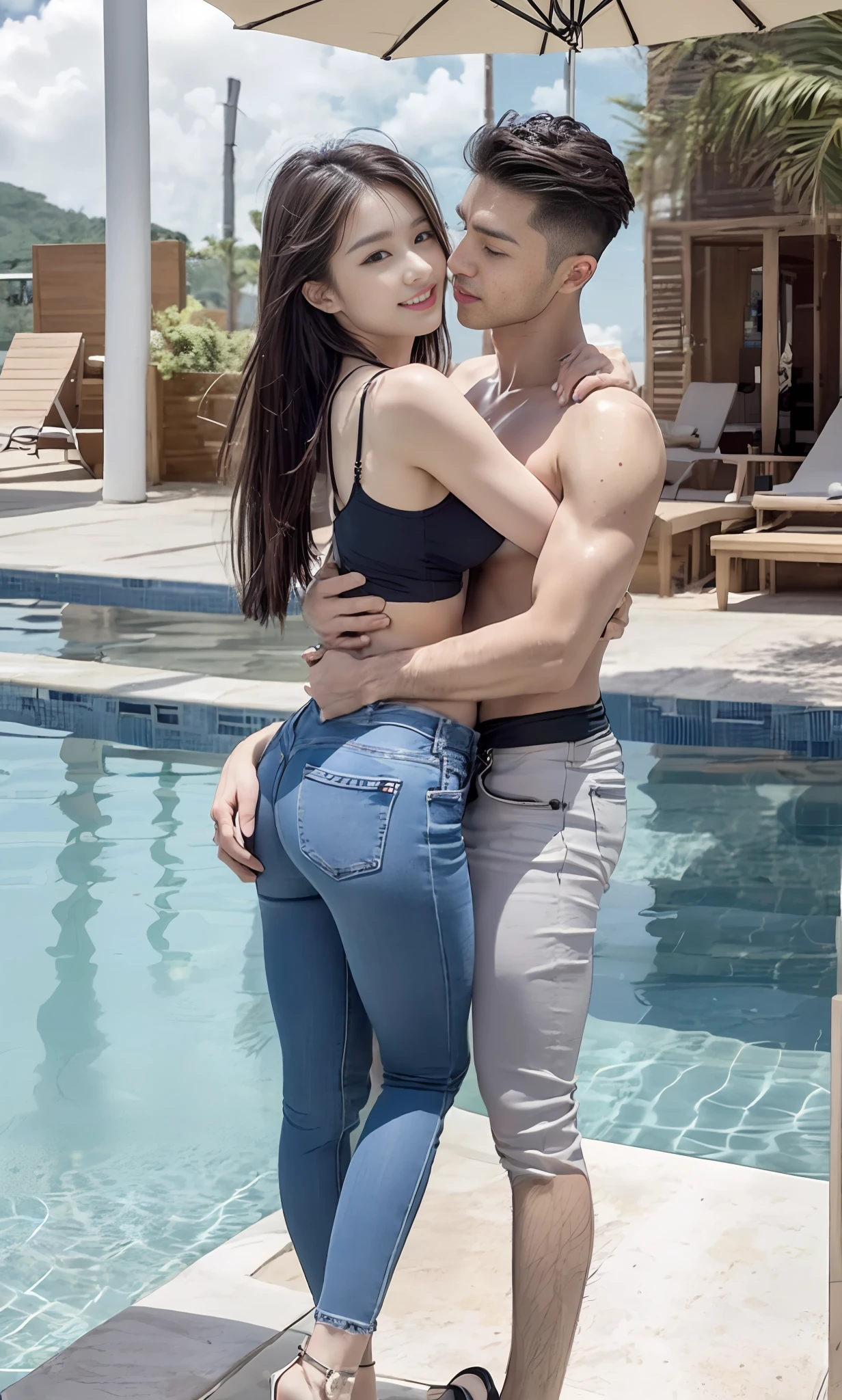 1 male, 1 female, (male model hugging female model, clutching hands from back, kissing lips, intimate relationship: 1.2), Araf woman in pink top and jeans and handsome male model, Korean female fashion model, photo of slim girl model, wearing tight simple clothes, thin waist and thick buttocks: 1.1, gorgeous young Korean woman wearing sexy cropped top in crop top, Korean girl, casual clothing style, 2 4 year old female model, beautiful Korean woman, HD, 16k, Realistic, small round face: 1.0, realistic perfect face and skin, detailed beautiful glasses, double eyelids, long eyelashes, swollen eyes, realistic face and eyes, facial light, super detailed facial details, lip gloss, blush: 1.0, brand open crop top (pink, open V-neck, super realistic detailed clothes: 0.8, huge boobs: 1.5, perfect breasts and nipple bulge: 1.5), high-end brand skinny jeans ((super realistic detailed jeans: 0.6)), Perfect big boobs, perfect breasts, perfect waist, perfect buttocks, (enchanting, beautiful, sexy: 1.0), (round calves: 1.2), (white and tender toes: 1.2, wearing high-end designer crystal sandals (stiletto heels: 0.5)), realistic and stylish shawl hair, shoulder length: 1.0, smiling teeth: 1.0, handsome male model: 1.0, private shooting, private shooting, background ((super luxurious yacht, green venue, buffet table, swimming pool, Poolside umbrellas and beach chairs)), dancing with a male model: 1.2, beautiful dancing: 1.5, autofocus: 1.2, various poses, shooting full body: 1.5