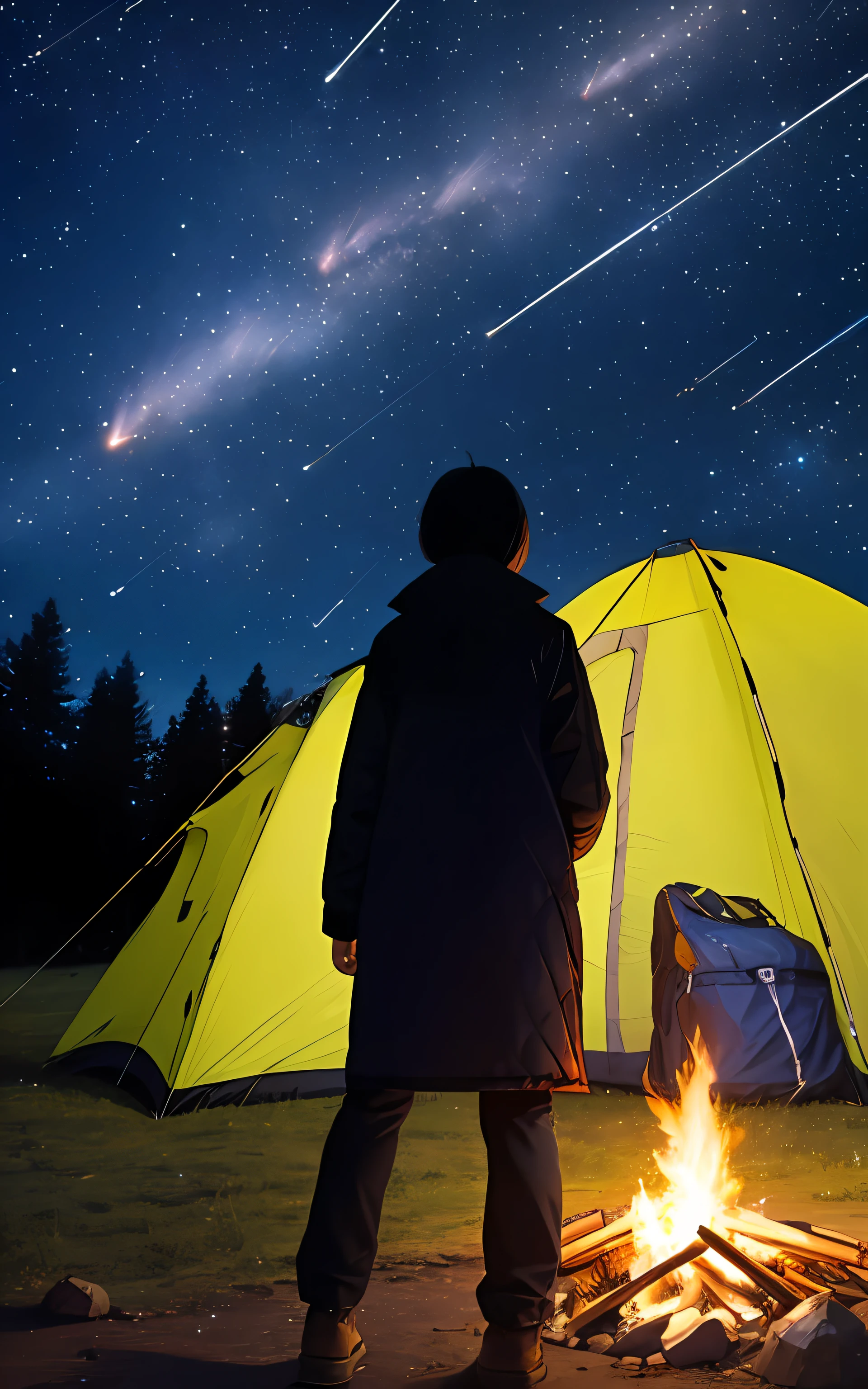 woman observing ( Orionids meteor shower),
Orionids meteor shower, beautiful,
woman, solo, camping, campfire,  looking at the Orionids meteor shower,
from behind, from below,
outdoor,