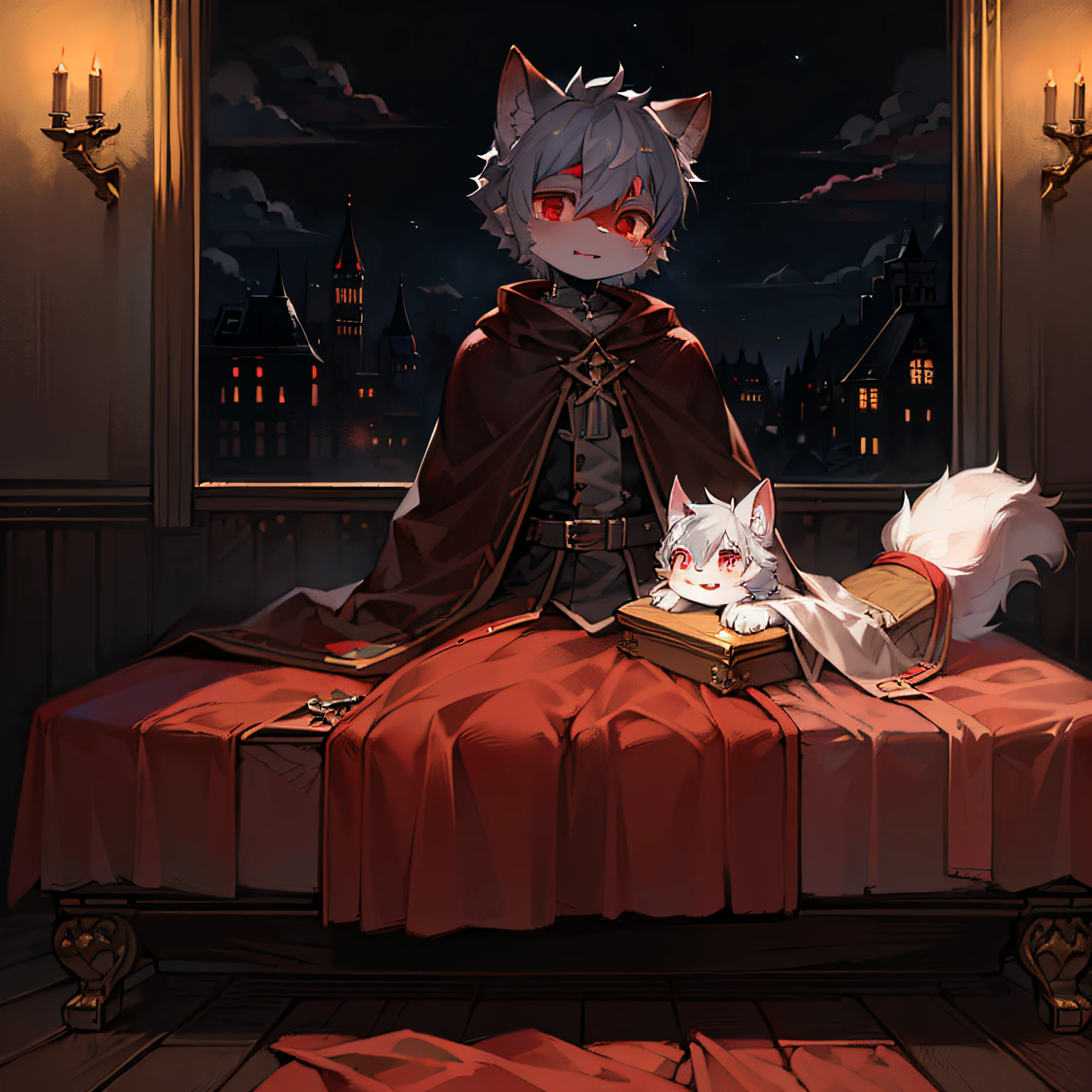 (Dark Environment: 0.8), Masterpiece, High Quality, Abstract Res, Digital Painting\(artwork\), by Dagasi, Yupa, Kiyosan, (Anthro, Fluffy Fur, Character Focus: 1.1), Anthro Male Cat, Short Hair, Portrait , bright eyes, panorama, character focus. (Detailed background: 0.7), Solo, Furry, Furry Male, Male Focus, Anthr, Kinky Emoji (Full Body Fur, Fluffy Tail, White Fur, Red Eyes, Gray Hair: 1.2), (Long Canids, Vampires, Cloak: 1.2), (Interior, Night, Castle, Coffin: 1.1)