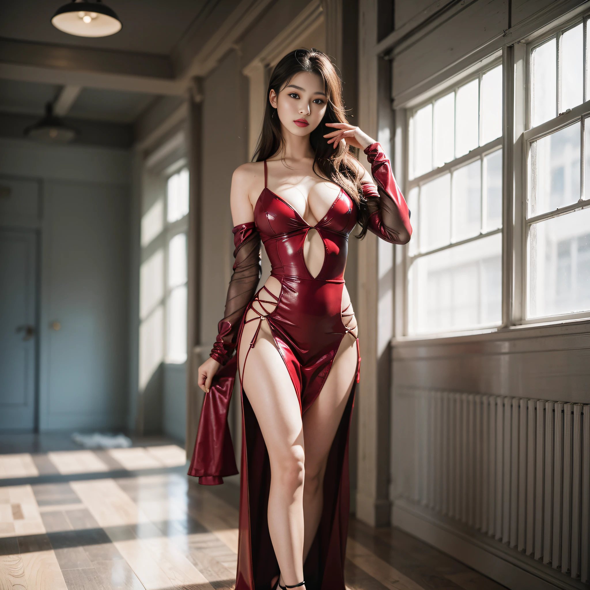 (masterpiece), (highest quality), (realistic), perfect face, perfect eyes, beautiful nose, perfect mouth, perfect proportions, fashion model, photo studio shooting, natural lighting, 20 years old, beautiful woman, long hair, standing, front full body, attractive face, red lips, red high heels, face length and neat face,