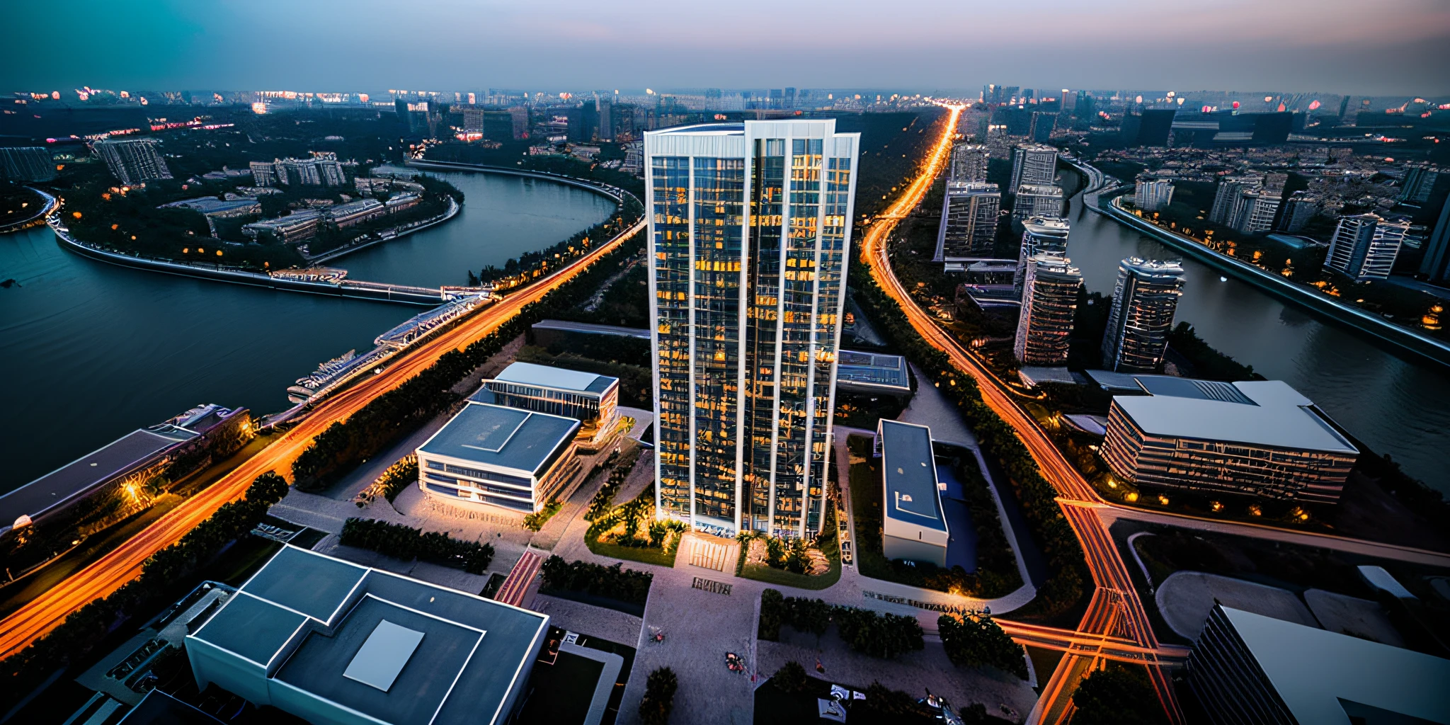 archiaerialview, architecture, trees, night, line, architecture, construction, masterpiece, best quality, super detailed, realistic, photorealistic, 8k, sharp focus,
a photo of a building