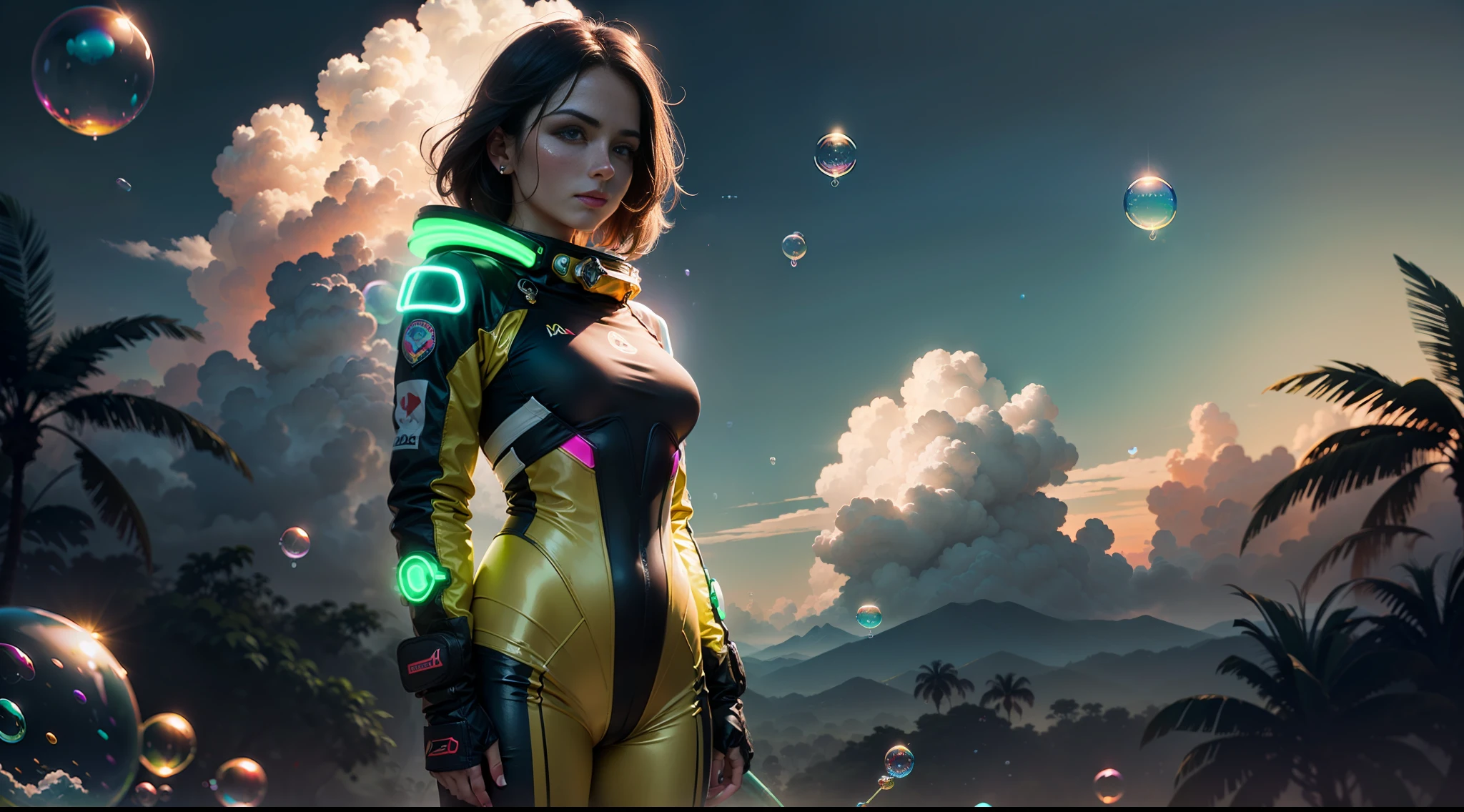 hd masterpiece, one standing woman  looking at camera, detailed face, mid shot, golden space suit, ((colorful clouds)) and (((neon soap bubbles))), jungles background