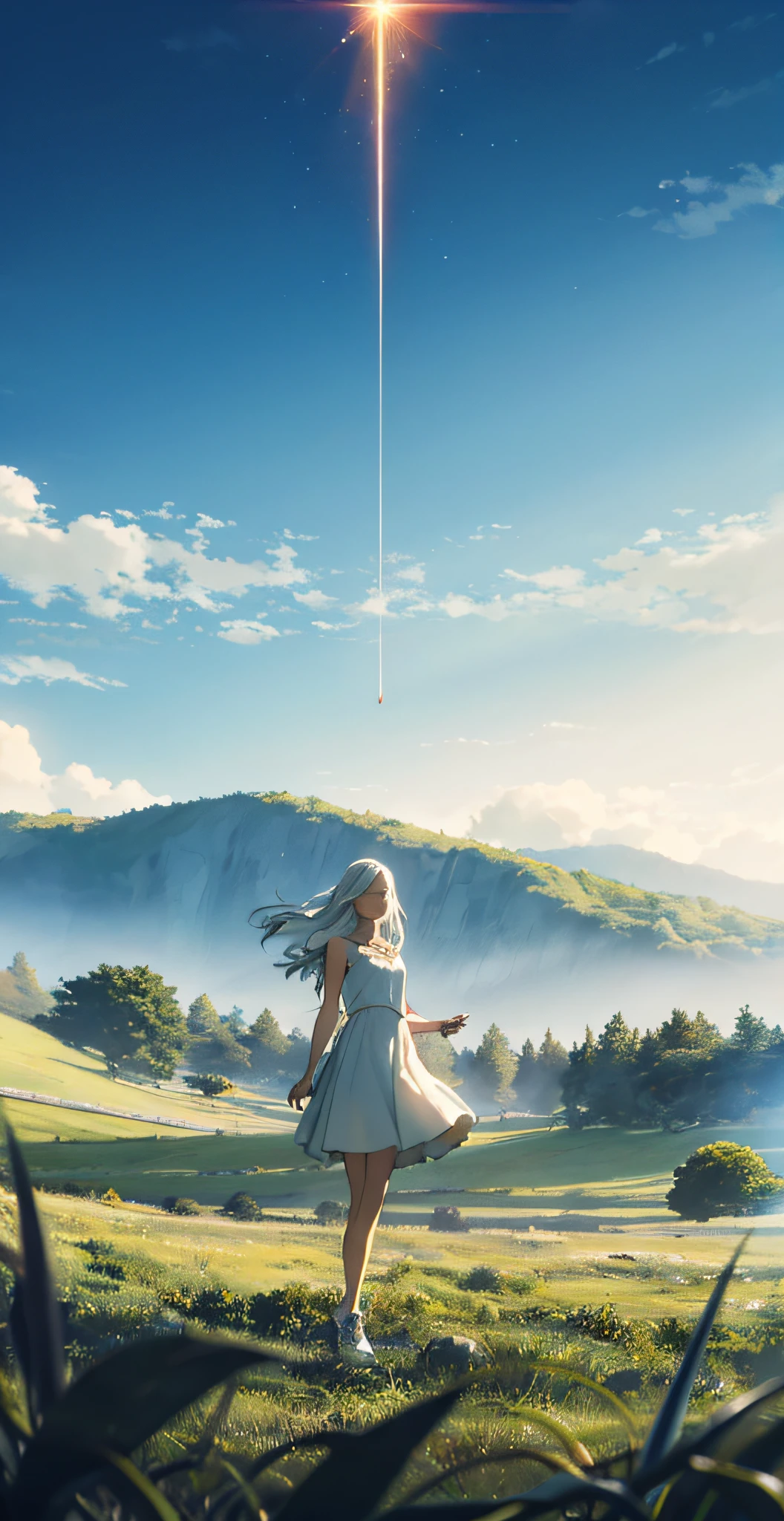 Vast sky, beautiful skyline, large grassland, strong tension and dramatic picture, moving visual effects, hanging North Star, colorful natural light. Slender legs, small white shoes, white dress, super wide angle, long white hair, incredibly long hair,