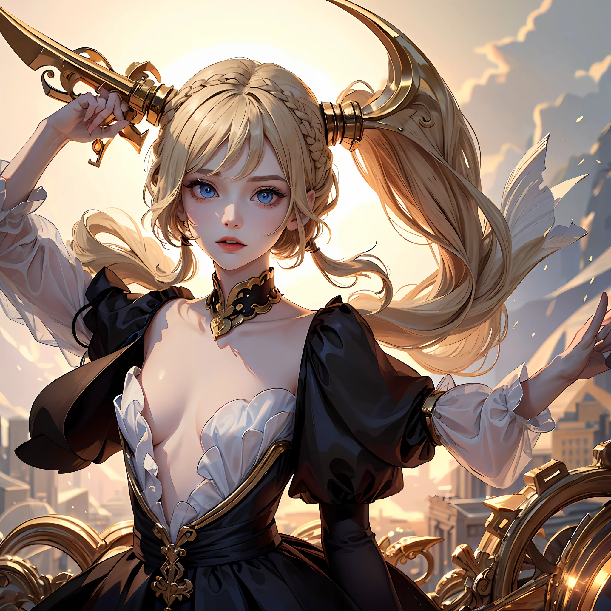 God, top quality, one dignified adult woman, elegant, long (masterpiece) 8K resolution, beatrice, blonde, braided, up, bangs are trimmed, blue beautiful eyes, face without makeup, warm and attractive, black dress with red lines with gold rimm, the whole body is about 170, the body is small is not very good
