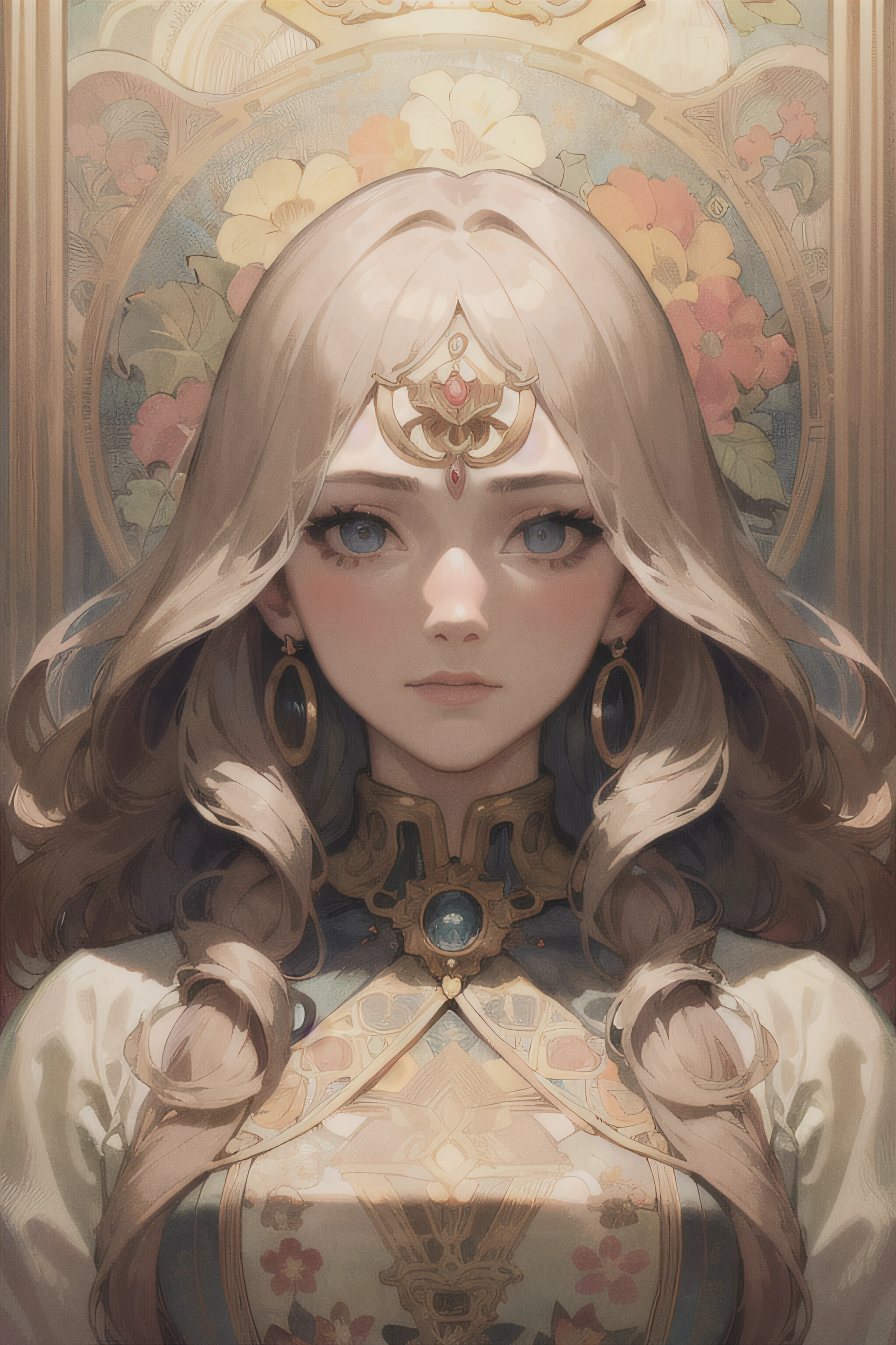 face portrait of a European female , long curly hair, blond, floral frame, Decorative panels, abstract
artistic, by Alphonse Mucha
(Masterpiece, Best Quality, Highres:1.4), Detailed, Intricate Details, 4K, color splashes, line art, fibonacci,