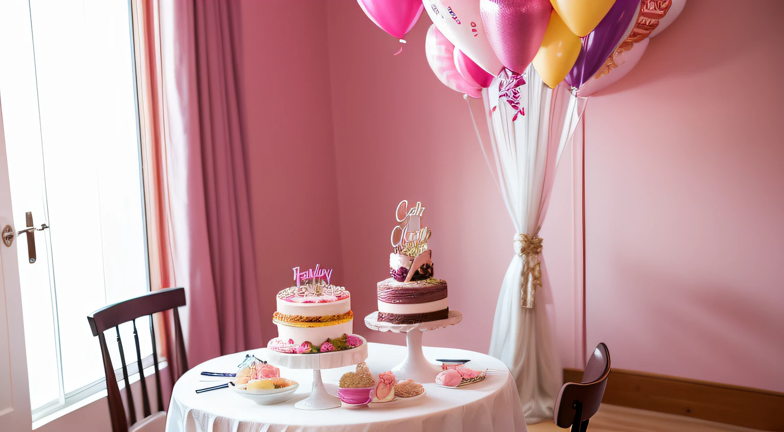 a room with a pink wall, streamers, and a table with a birthday cake and lots of sweets