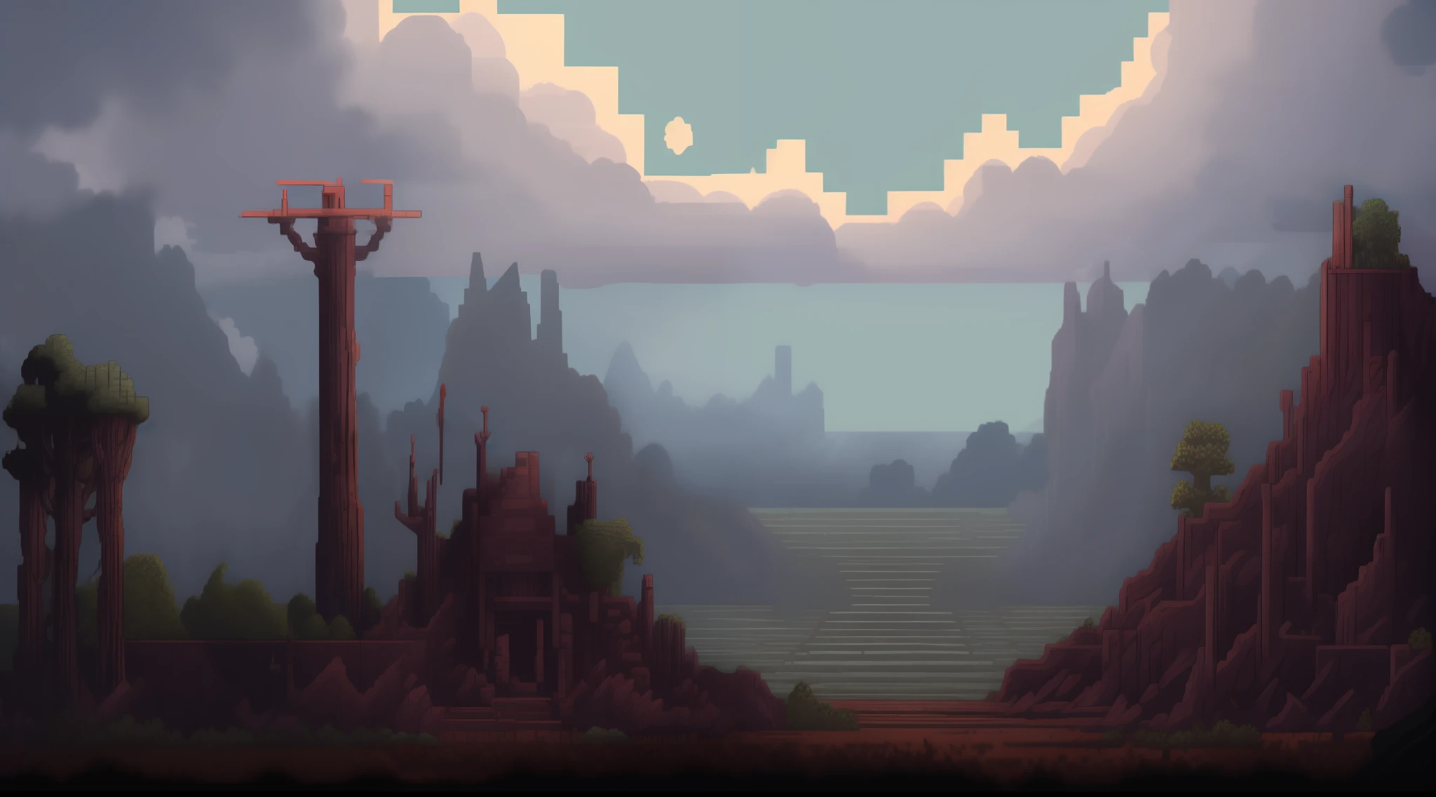 Image style: Pixel art, ultra detailed, game setting. Desolate Plain:
After crossing the dark lands, a desolate plain, where the ground is parched and covered with black thorns. The sky is always shrouded in stormy clouds, creating a sense of constant oppression. Ancient ruins dot the landscape, silent witnesses to the glor past
