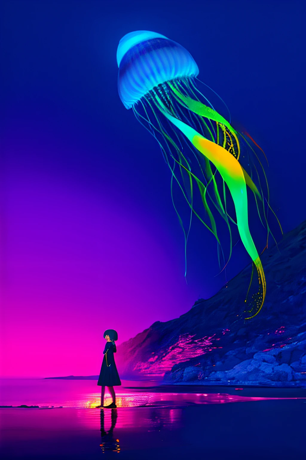 Colorful, no humans, jellyfish, landscape, 1girl, upper body,