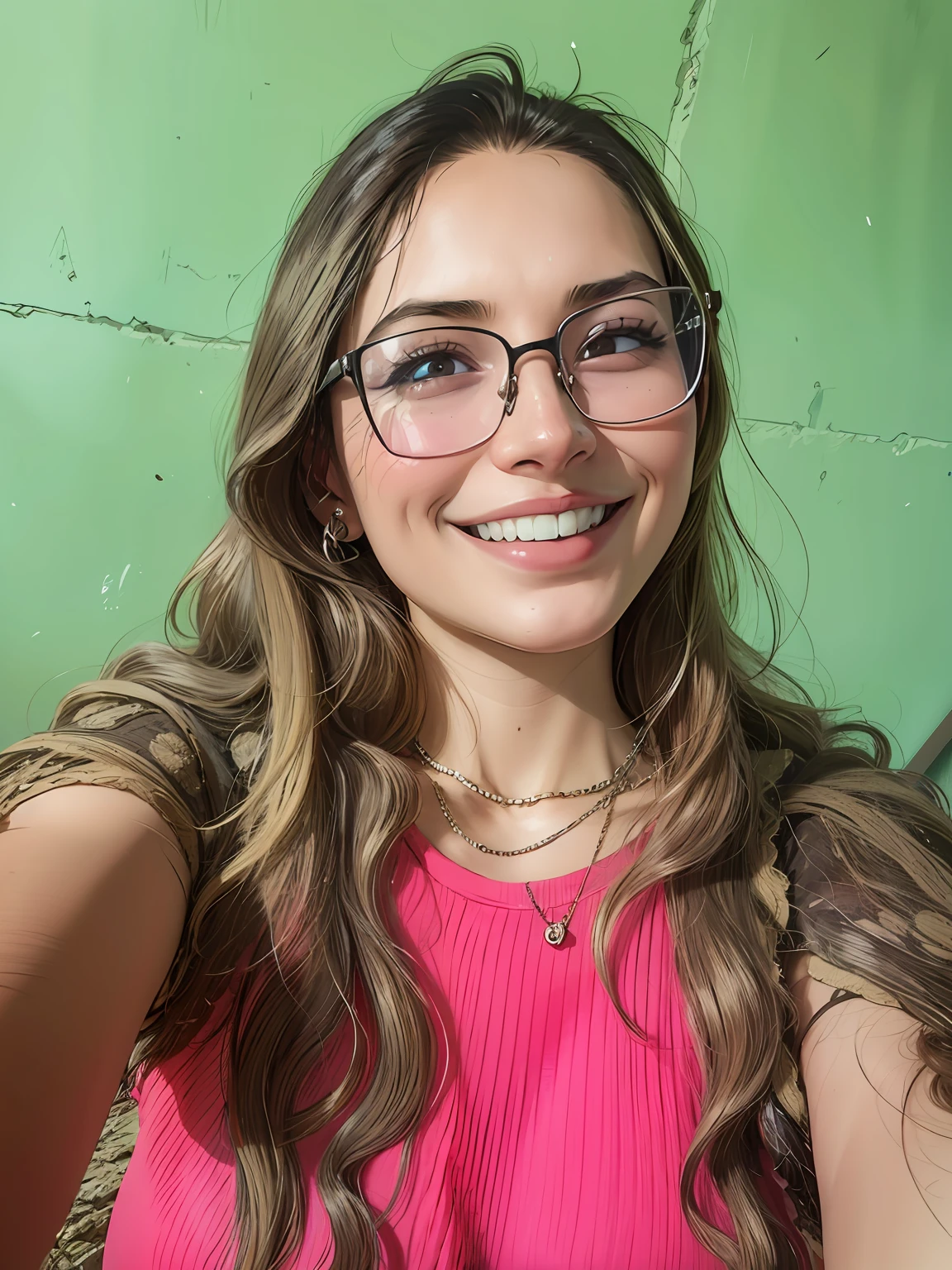 Smiling 20-year-old woman with glasses taking a selfie with her cell phone, pink T-shirt, high quality photo