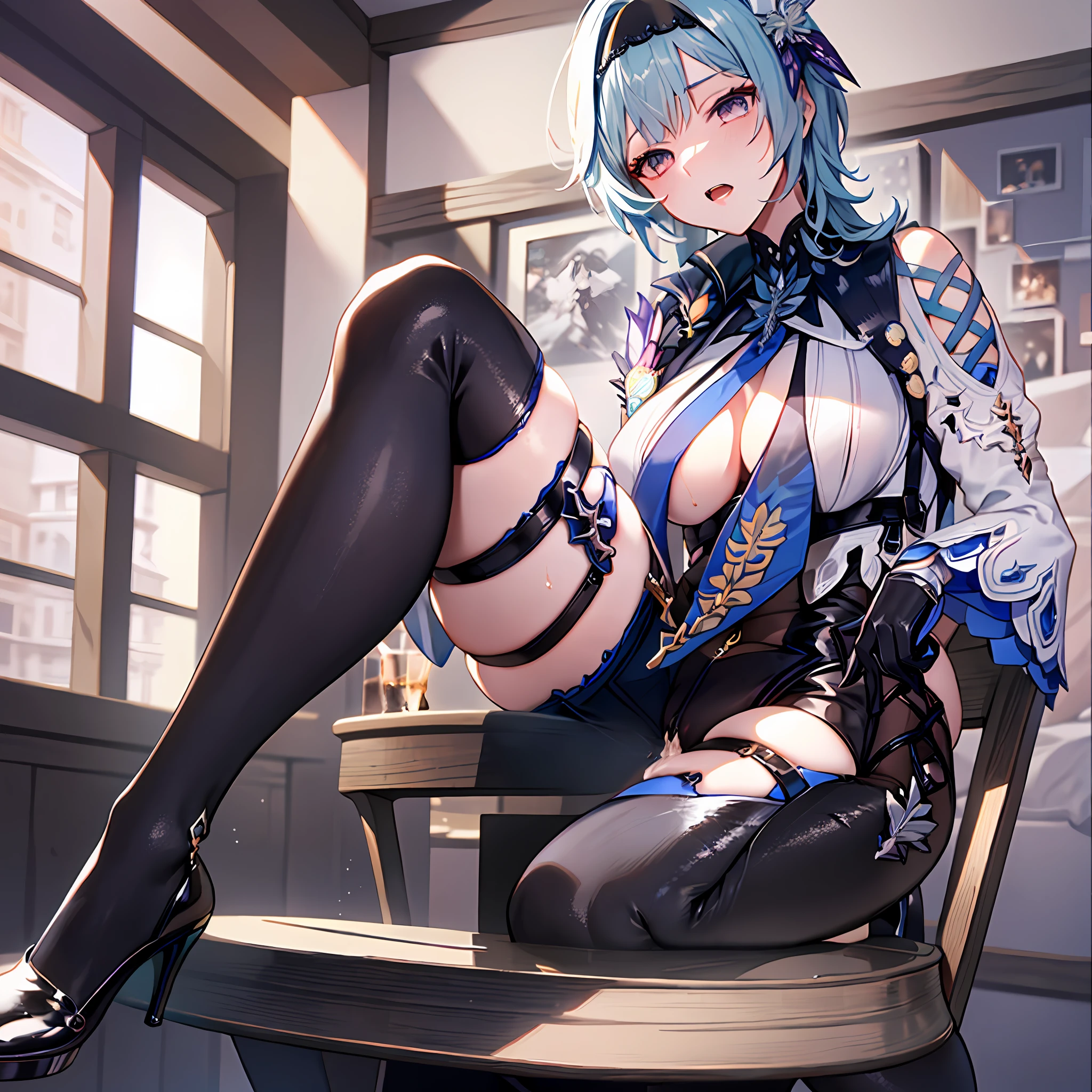 (Masterpiece, best quality 1.2), euladef, solo, blue hair, blue tie, purple eyes, sea of stars, reflection, looking at the audience, beautiful, torned clothes, black stockings, torned stockings, ripped stockings, high heels, beautiful (detailed eyes, detailed face 1.3), sitting on a chair, chair, legs open, M word leg open, masturbation, masturbation, hands on the crotch, lewdness, (kinky water: 1.7), crotch kinky water, squirting, (condom: 1.8) (nsfw1.1)