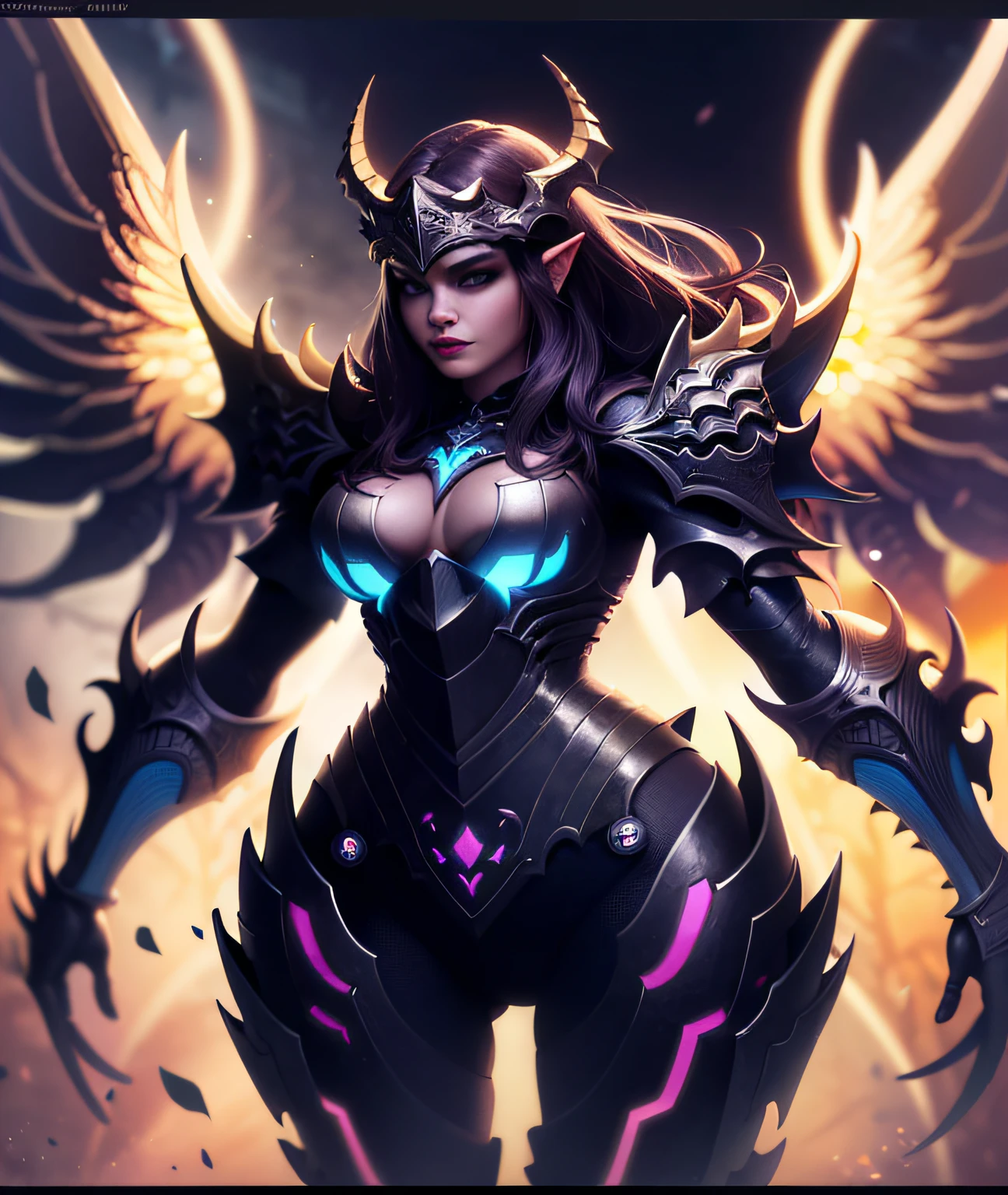 a close up of a woman with a demon like face and wings, epic fantasy digital art style, epic fantasy art style, epic fantasy art style hd, detailed digital 2d fantasy art, demon armor, epic fantasy style art, digital 2d fantasy art, dark armor, female lord of change, diablo digital concept art, armor girl, stunning armor