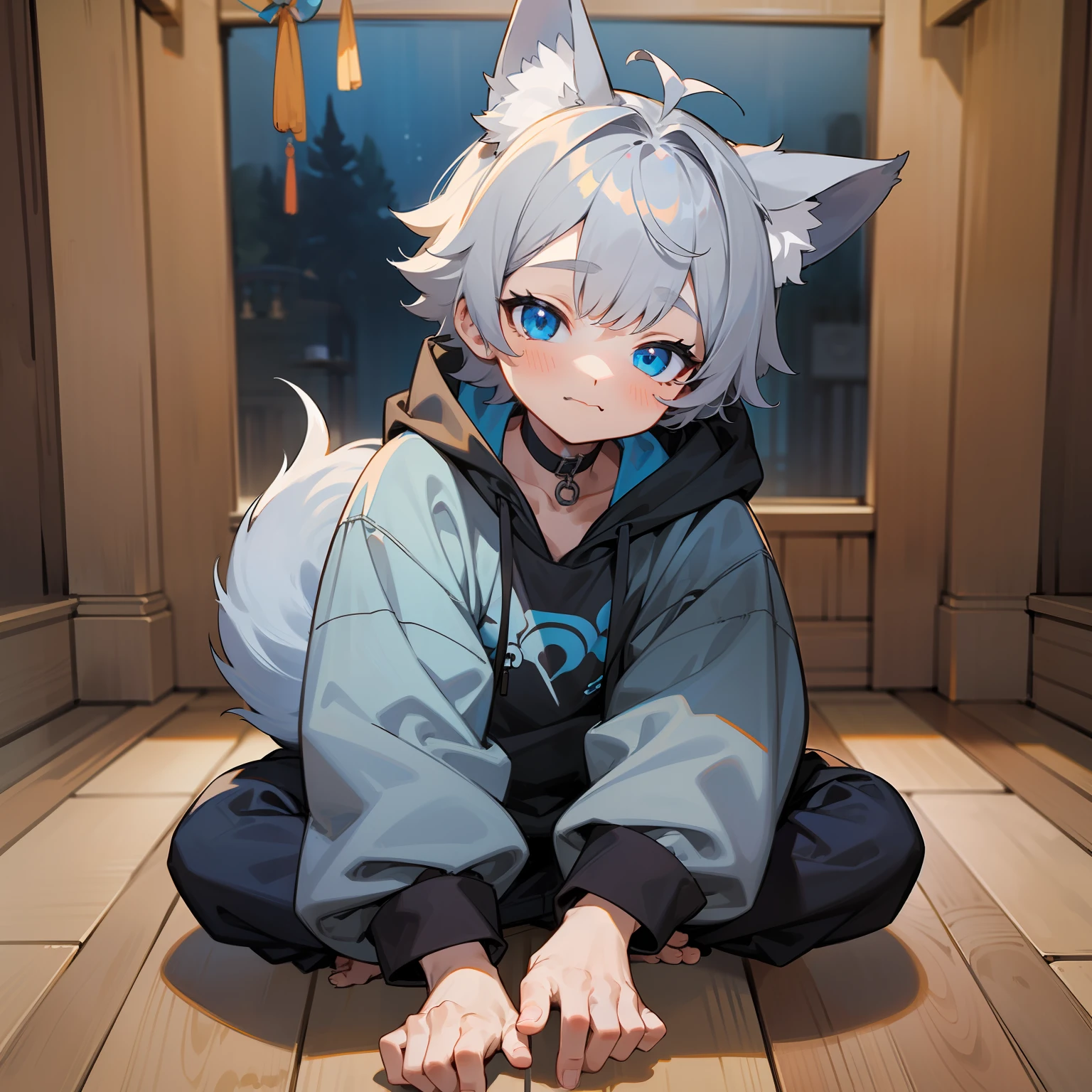 (1boy), (Shota), (HD quality, masterpiece level), cute character, dark gray hair, blue eyes, (wolf ears), (wolf tail), one tail, (no ears), (litt), (ears covered), (hair covered ears), a pinch of blue bangs, full body picture, chubby face, random expressions, cute feet
