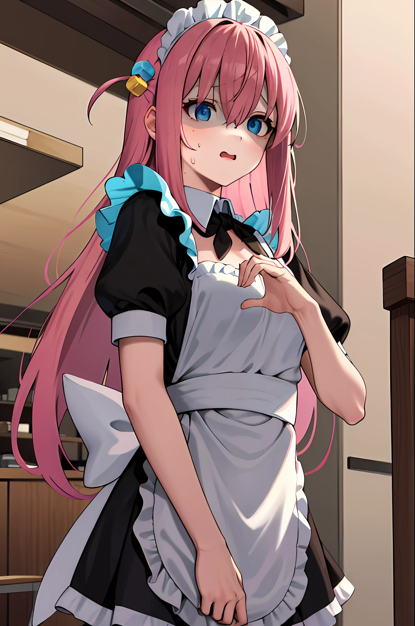 masterpiece, best quality, highres, gotou1, gotou hitori, solo, bangs, hair below eyes, short sleeves, maid, maid headdress, small breasts, standing, restaurant, heart, heart hands, shaded face, sweatdrop, nervous, anxiety, cowboy shot,