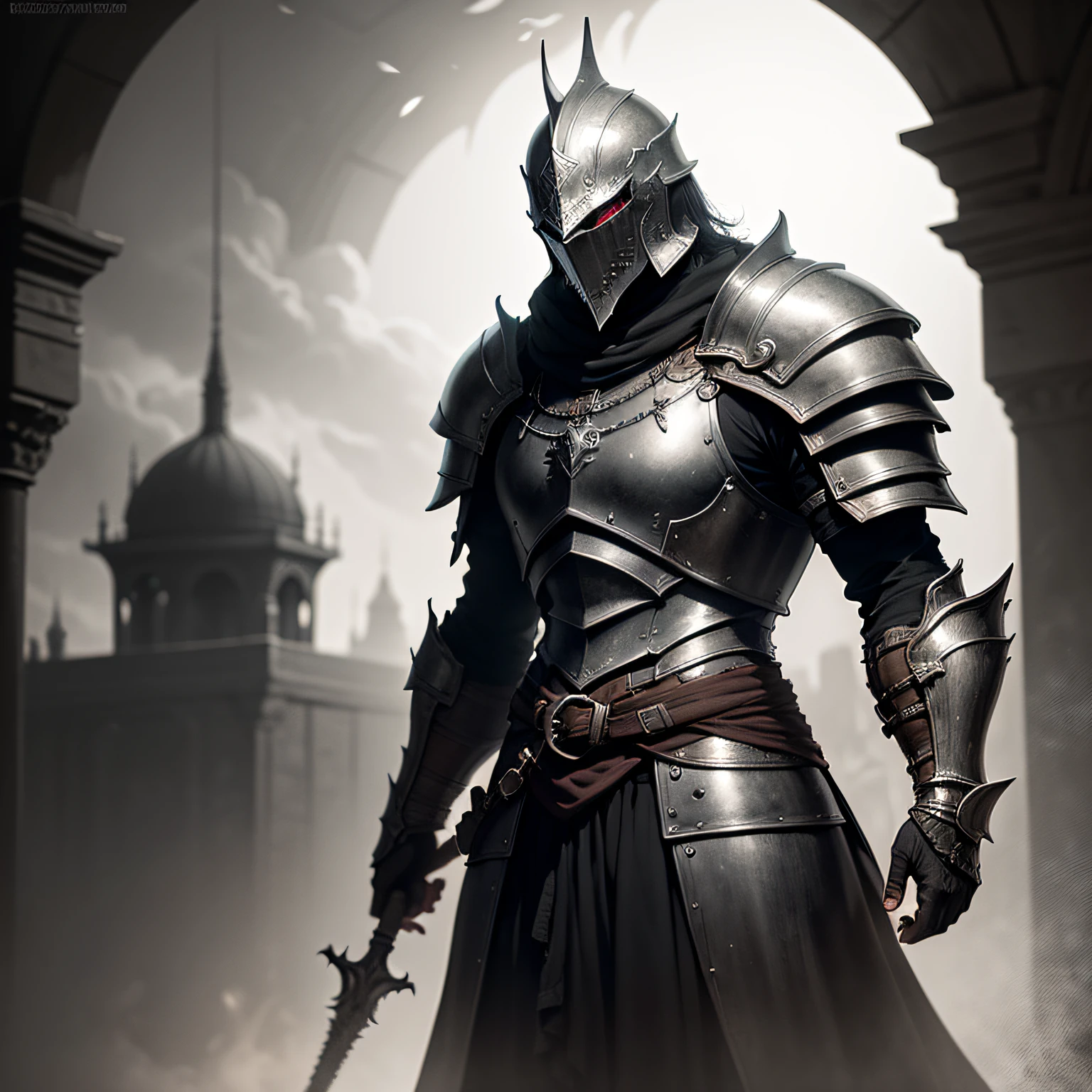 A man with all-black armor aside, fantasy, medieval, magic, darksouls art style, final fantasy, dark, horror, monochrome --auto