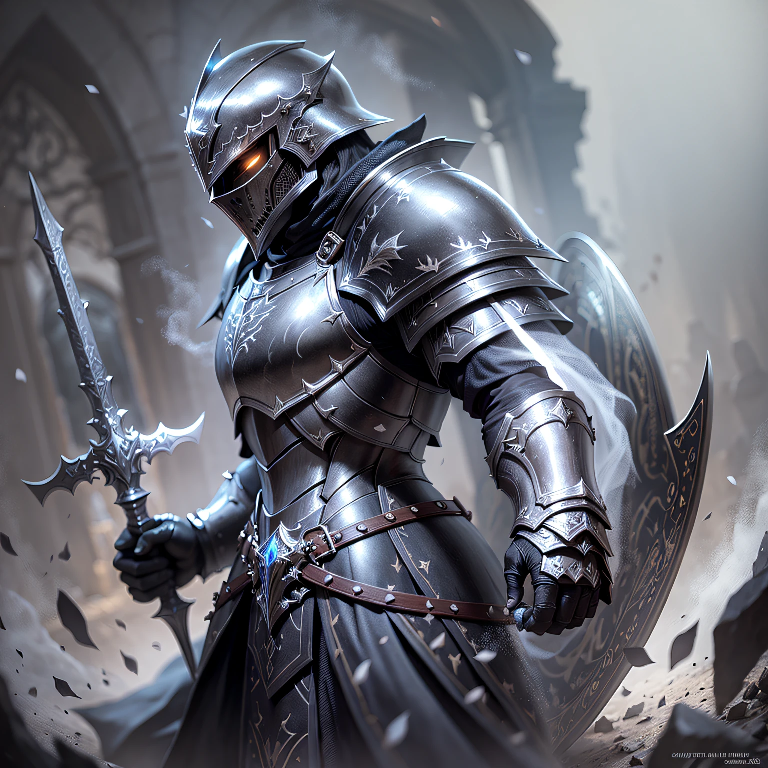 A man with all-black armor aside, fantasy, medieval, magic, darksouls art style, final fantasy, dark, horror, monochrome --auto