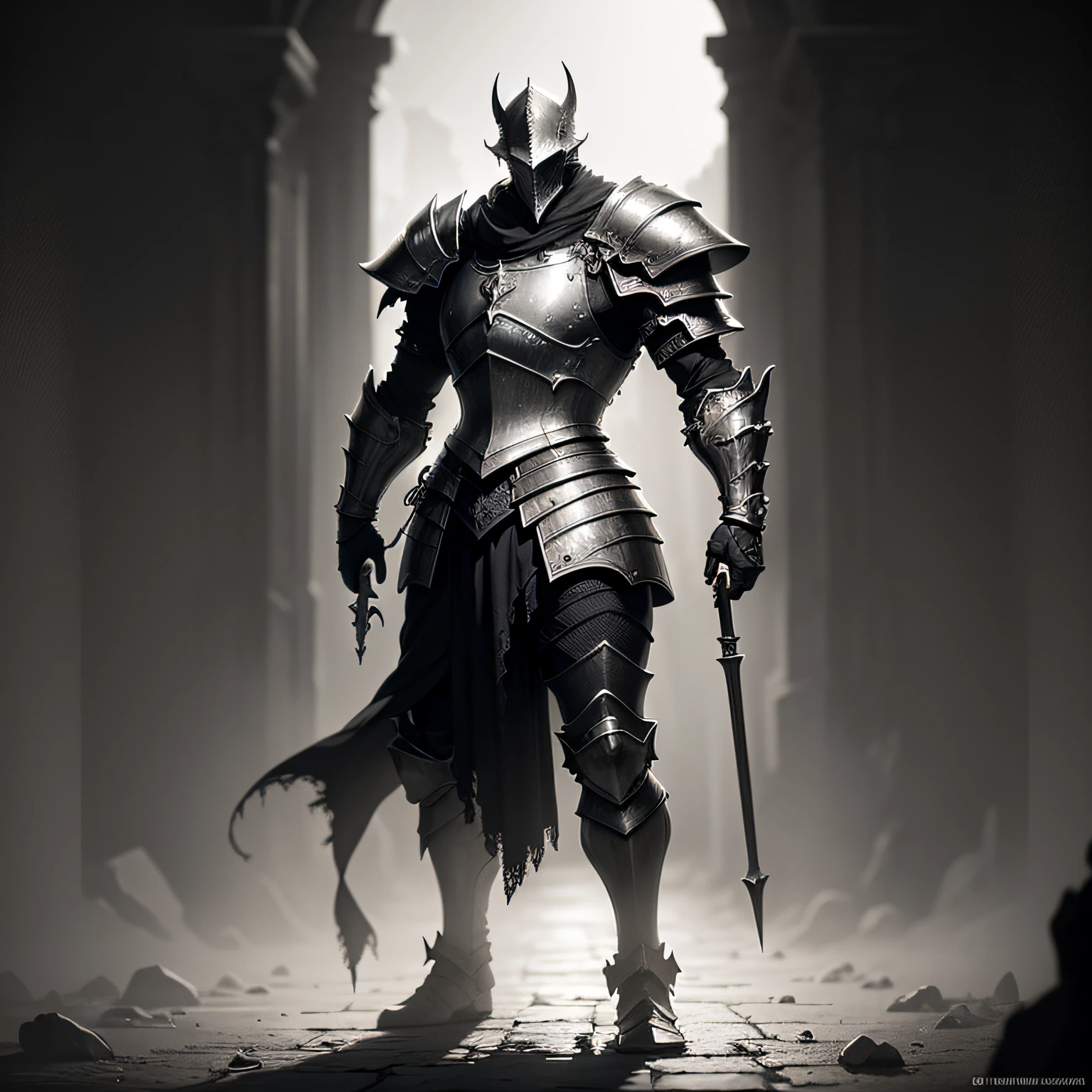 A man with all-black armor aside, fantasy, medieval, magic, darksouls art style, final fantasy, dark, horror, monochrome --auto
