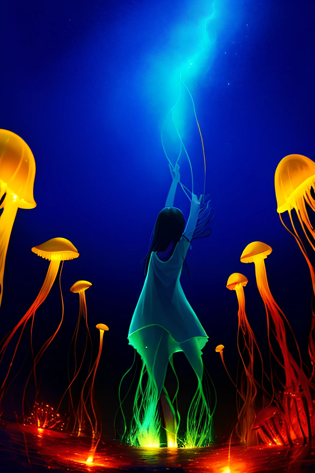Colorful, no humans, jellyfish, landscape, 1girl, upper body,