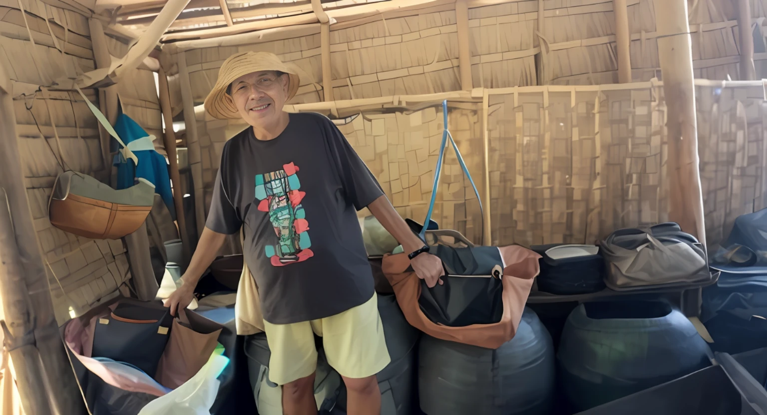 Old man from Bali with a big bag on his shoulder wearing a round straw hat. He is about 60 years old. Cute anime style