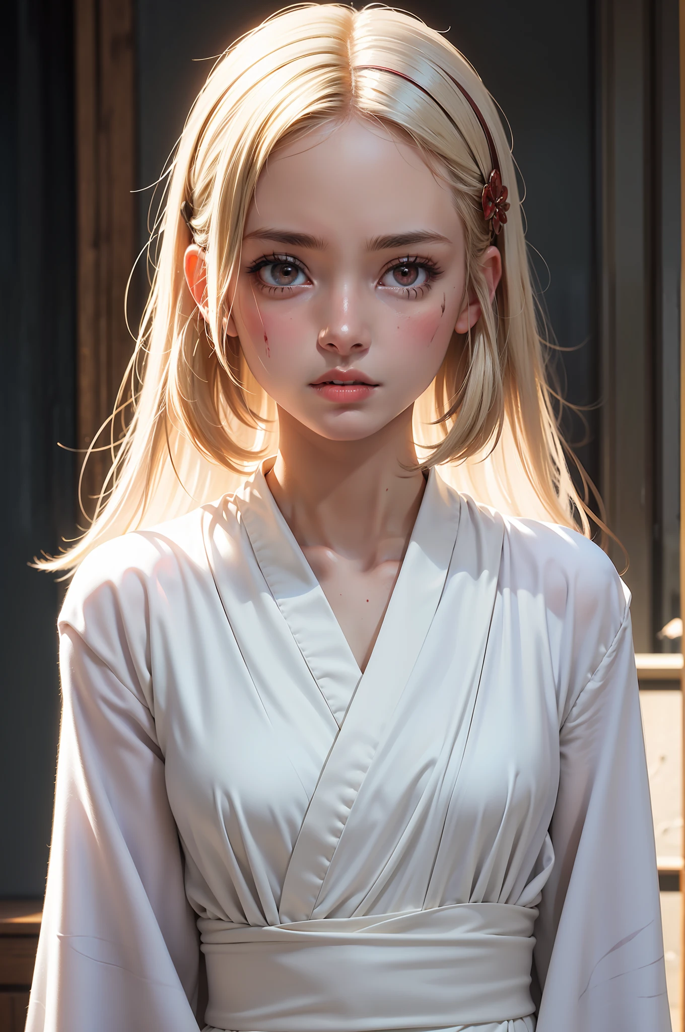 Wearing torn and dirty white robe with blood stains, professional photo of angolmois, 1girl, solo, ghost style, looking at the viewer, sad look, hair ornament, hair clip, detailed skin, pale skin, detailed eyes, detailed face, shimmering red eyes, volumetric light, highrez, masterpiece, best quality,