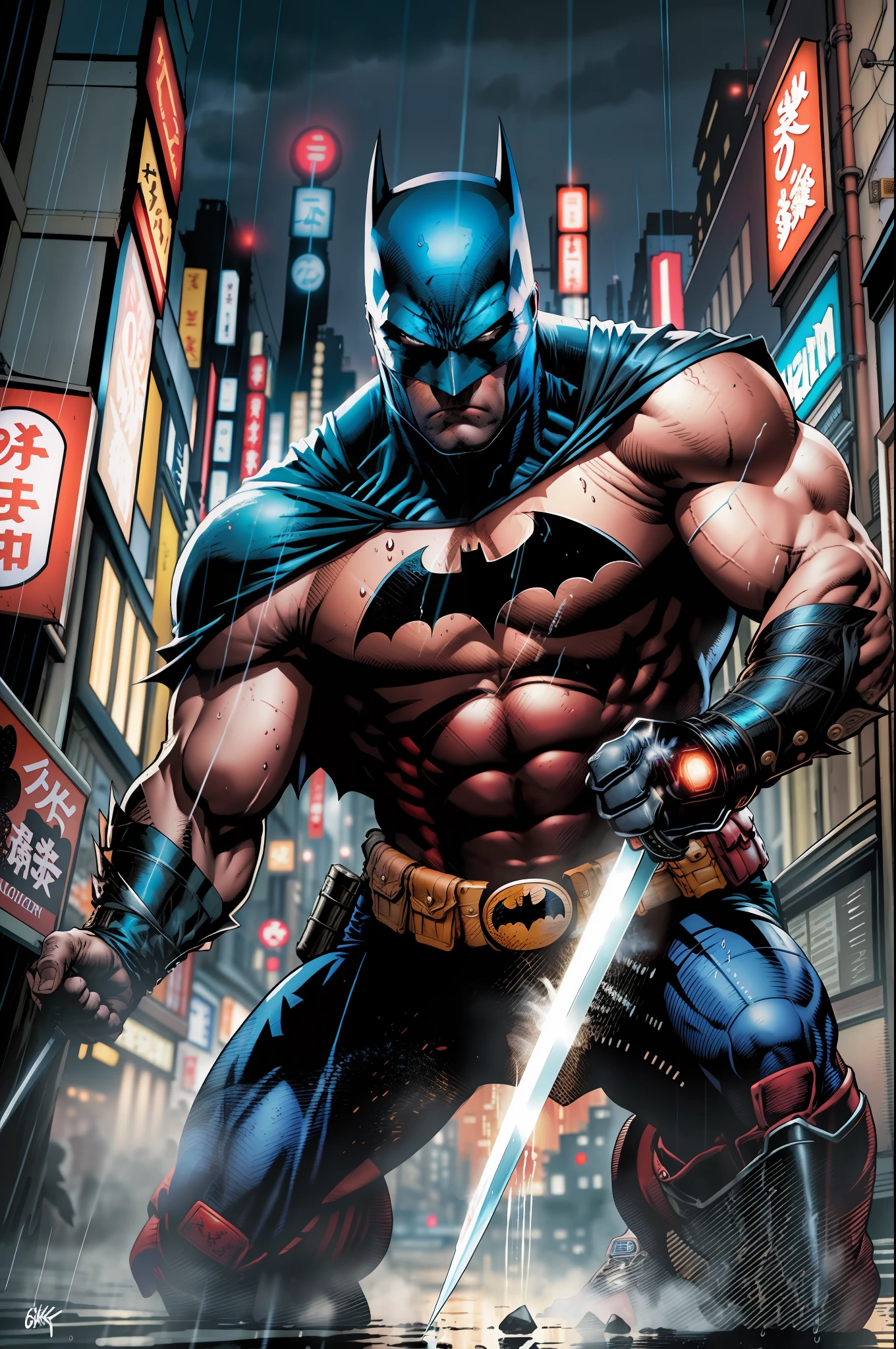 Batman against the soldiers of the Yakuza (Mafia of Japan), the scene of a fight with one of the soldiers of the Yakuza holding a samurai sword that strikes the body of Batman, a lot of blood on the ground, the night, heavy rain, wet body, neon of the shops, batsign in the sky of Tokyo,64k, Cartoon, DC Comics, detailed, high definition, ultra resolution, realistic, Fujifilm XT3, Dark ilumination, angry, darkness, ultra definicion, Dark City, action scene