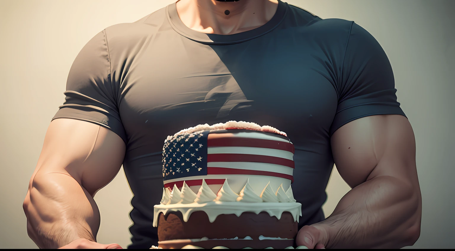 Man is wearing a gray t-shirt, man is coming out of a huge cake, cake is the color of the American flag