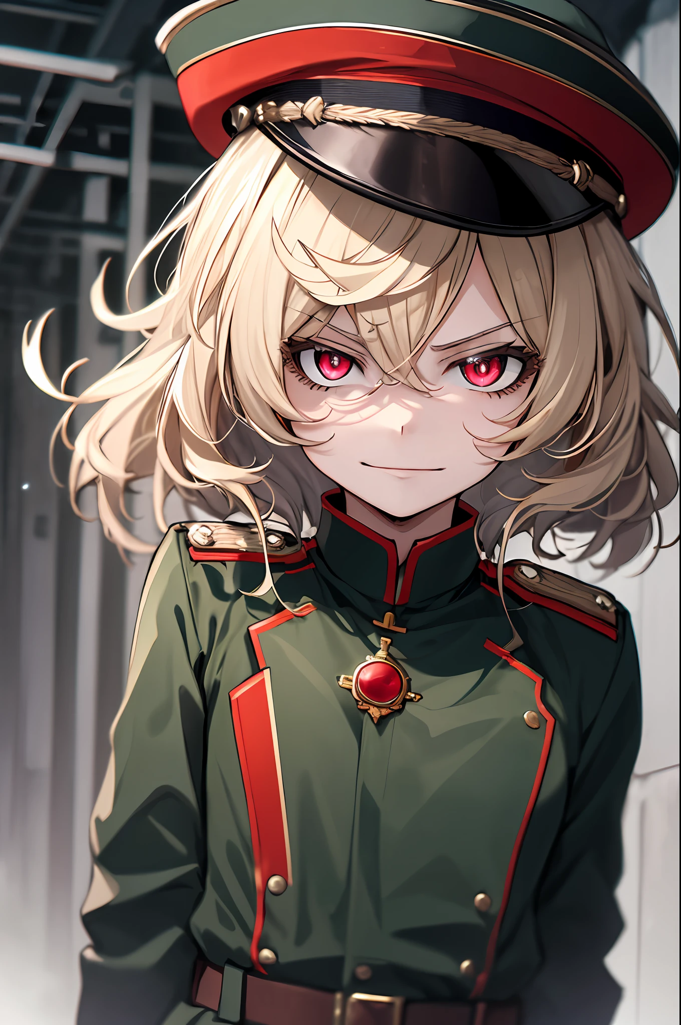 (masterpiece, best quality: 1.1), 1girl solo, tanya, 1girl, solo, petite, flat chest, small breasts, curvy, military, military uniform, , general hat, evil smile, wicked expression, anger, red eyes, neutral lighting