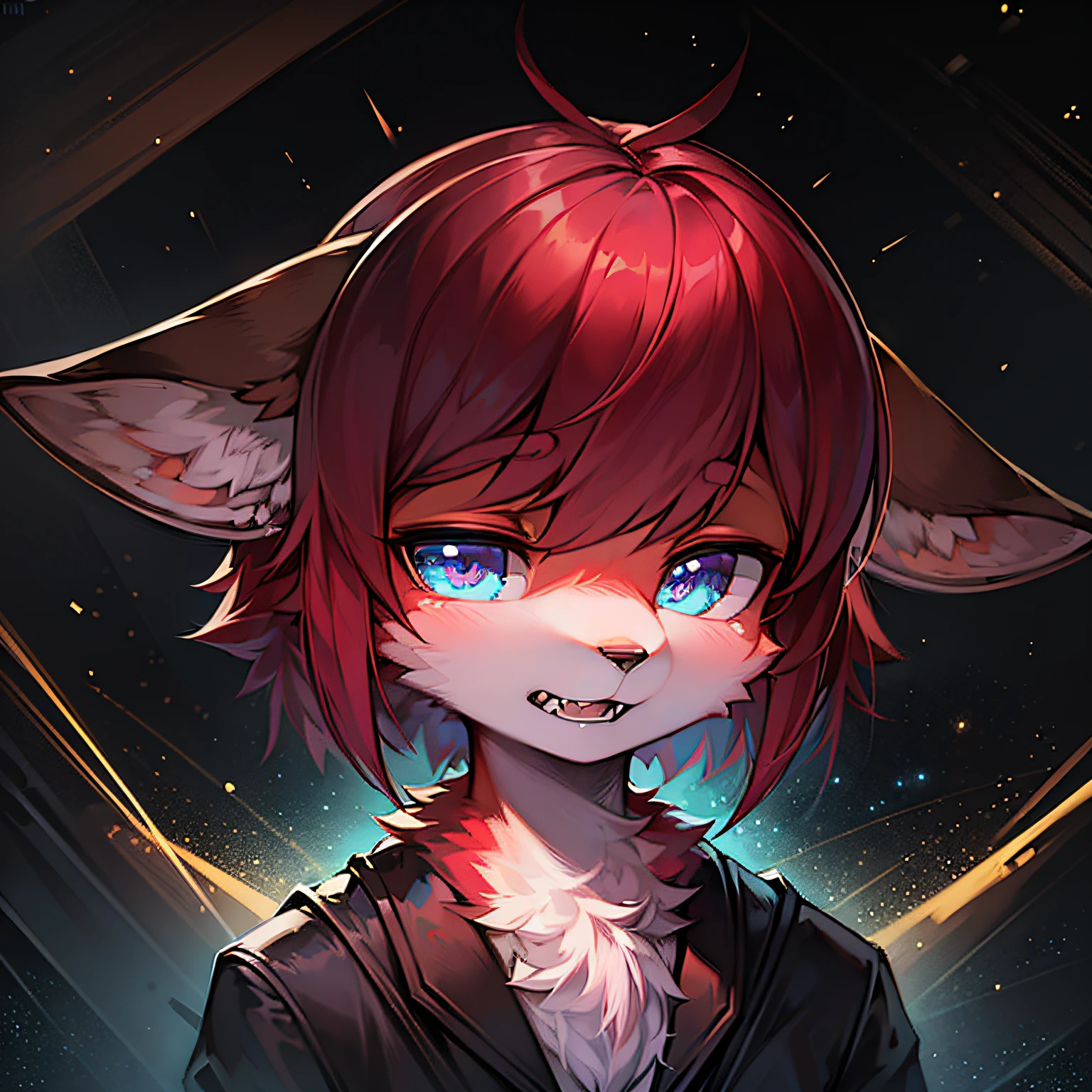 Bright environment, high quality, fine details, absurd resolution, digtial painting\ (artwork of a\), headshot, front face, looking down left, original character appearance, original character color, solo, (fox, fluffy fur, character focus: 1.0), short hair, bright eyes, furry, (blue-purple eyes, Dull red hair: 1.0), (long canine teeth: 1.0), expressionless, (face details, ear details: 1.0), surrounded by the nothingness of a black hole. Meticulous attention to stunning details for an immersive and realistic visual experience, black holes, chaos, ethereal, nothing, mysterious, complex environments, environmental details black hole structure, event horizon, atom, quark, core, HDR, hyperdetail, intricate detail, stars, galaxy mergers, electron nuclear plasma surrounded by the nothingness of black holes