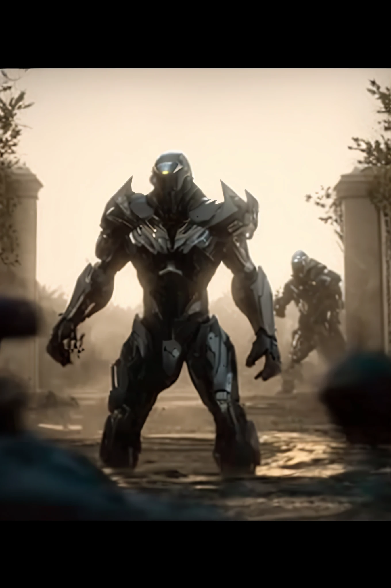 a man in a steel suit standing in front of a group of zombies, unreal engine. film still, endwalker cinematic, crysis nanosuit, menacing. unreal 5, unreal engine', warframe infested art, unreal 4 screenshot, guyver style, unreal engine cinematic, guyver dark hero, unreal engine”, unreal engine ”, cinematic unreal 5, infinity blade armor