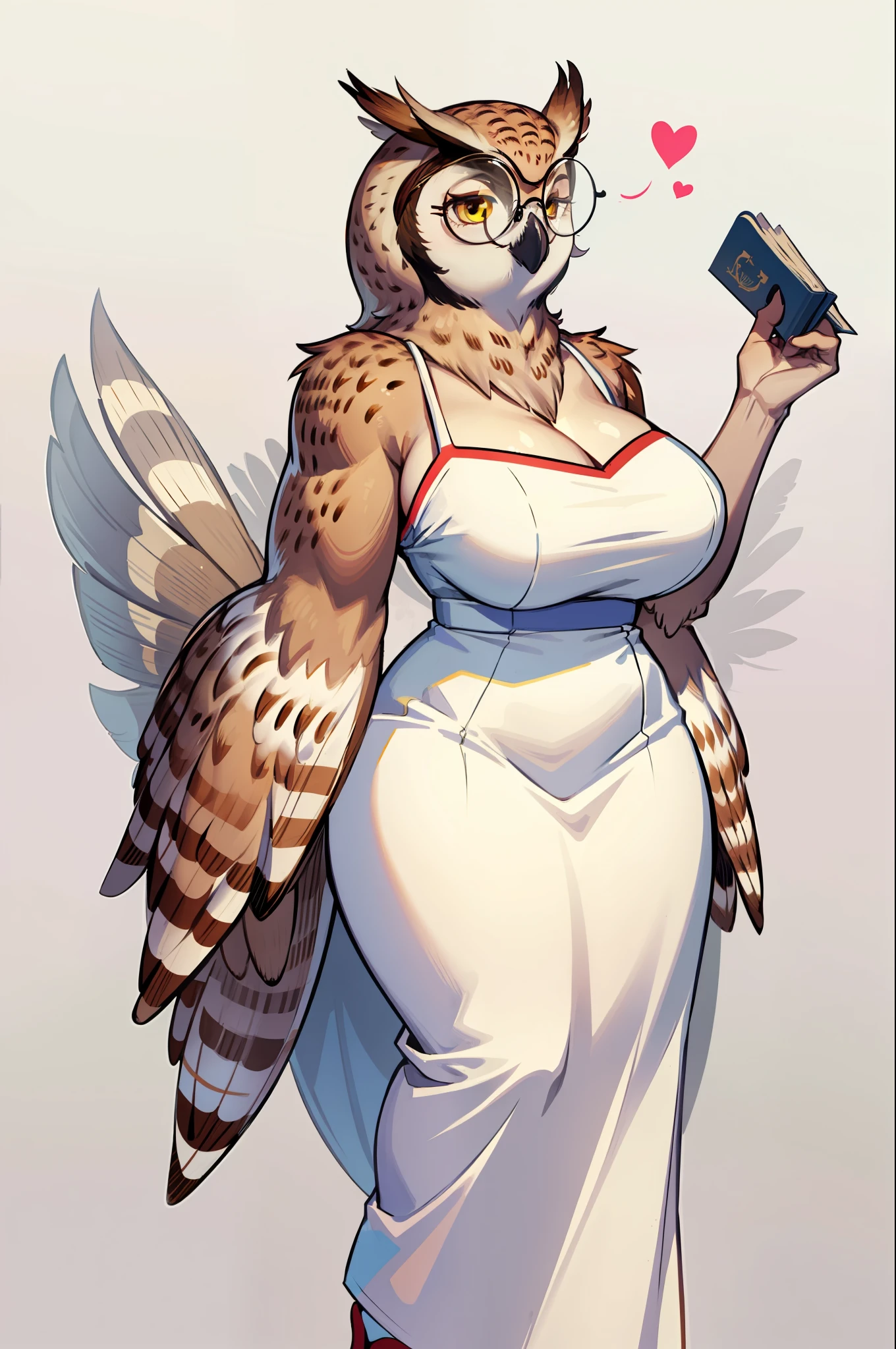 antro (brown owl), winged arms, feminine, huge breasts, beak, round glasses, long dress, neckline, wide hips, large thighs, close-up full body, library background, top, bottom, embarrassed smile