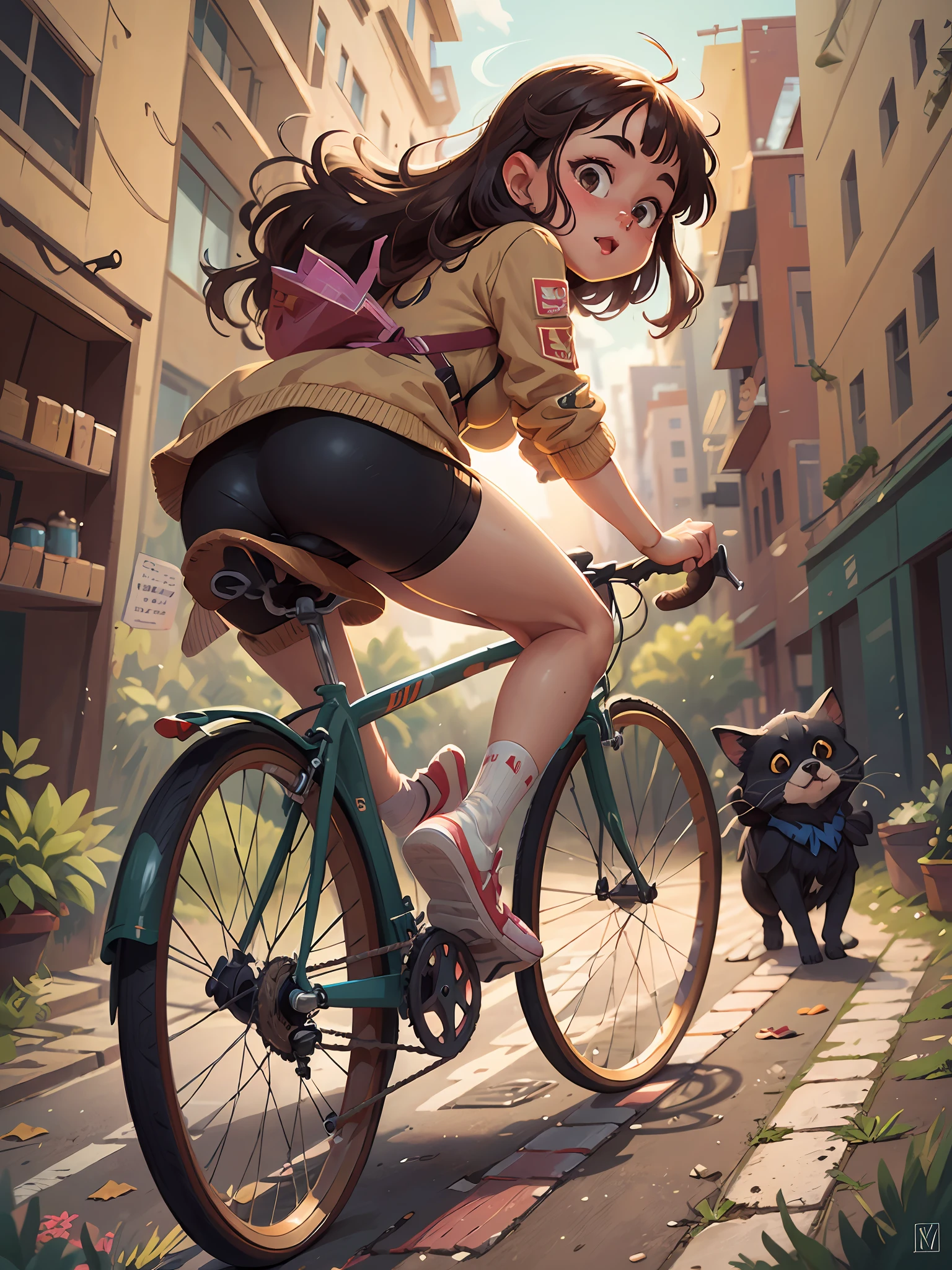 beautiful girl riding a bicycle, front view, looking to the camera, hyper detailed, full body, detailed foot,