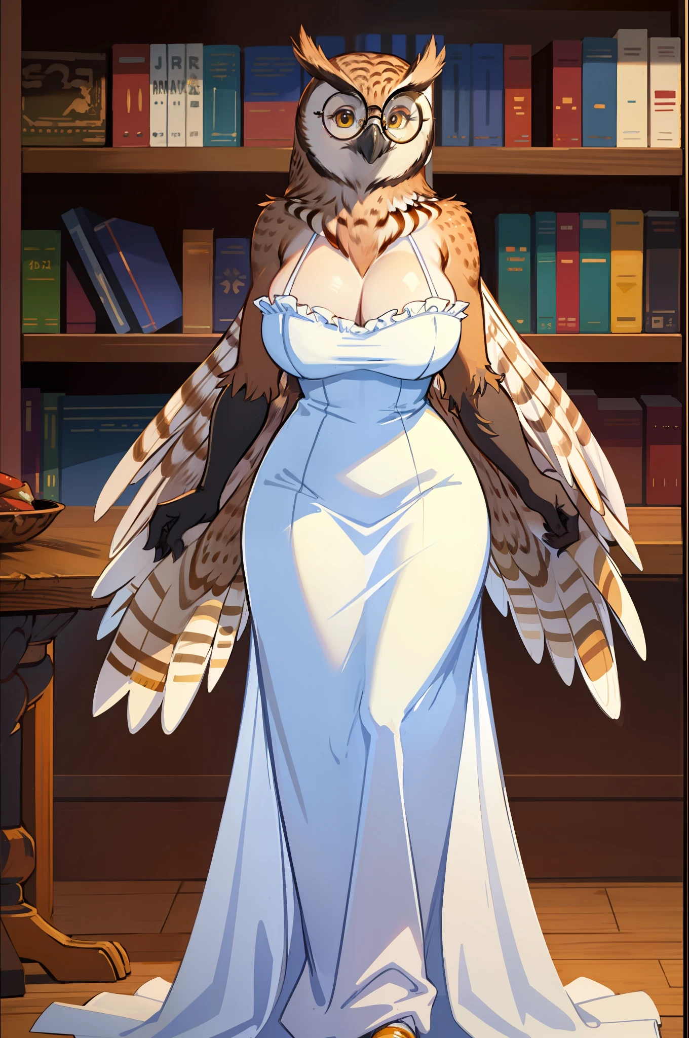 antro (brown owl), winged arms, feminine, huge breasts, beak, round glasses, long dress, neckline, wide hips, large thighs, close-up full body, library background, top, bottom, embarrassed smile