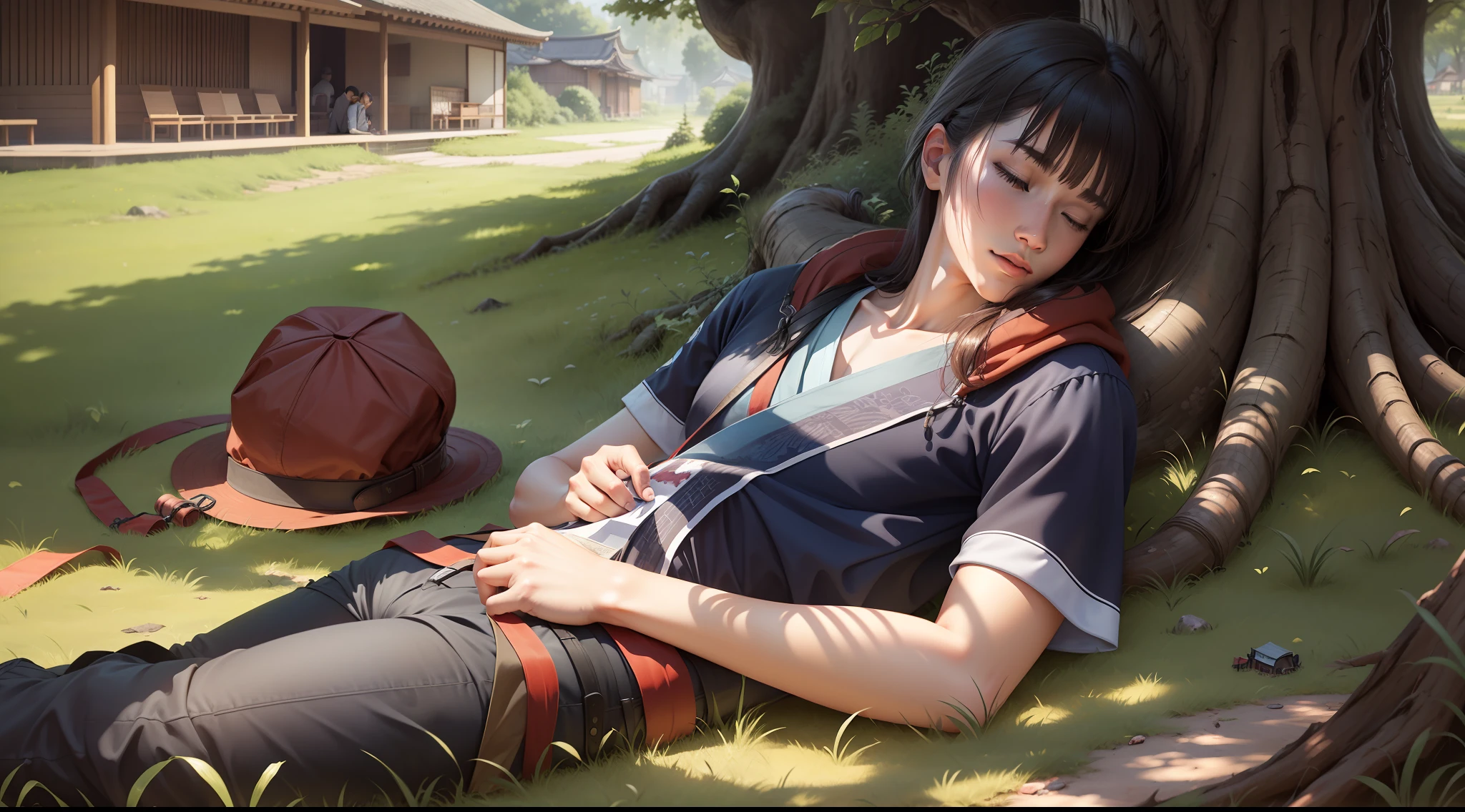 Drawing, ultra realistic, 8k, extremely detailed, in the best quality, a young, male, oriental, looking 18 years old, lying under a tree and sleeping, during the day, in the background a village with Japanese architecture and people working.