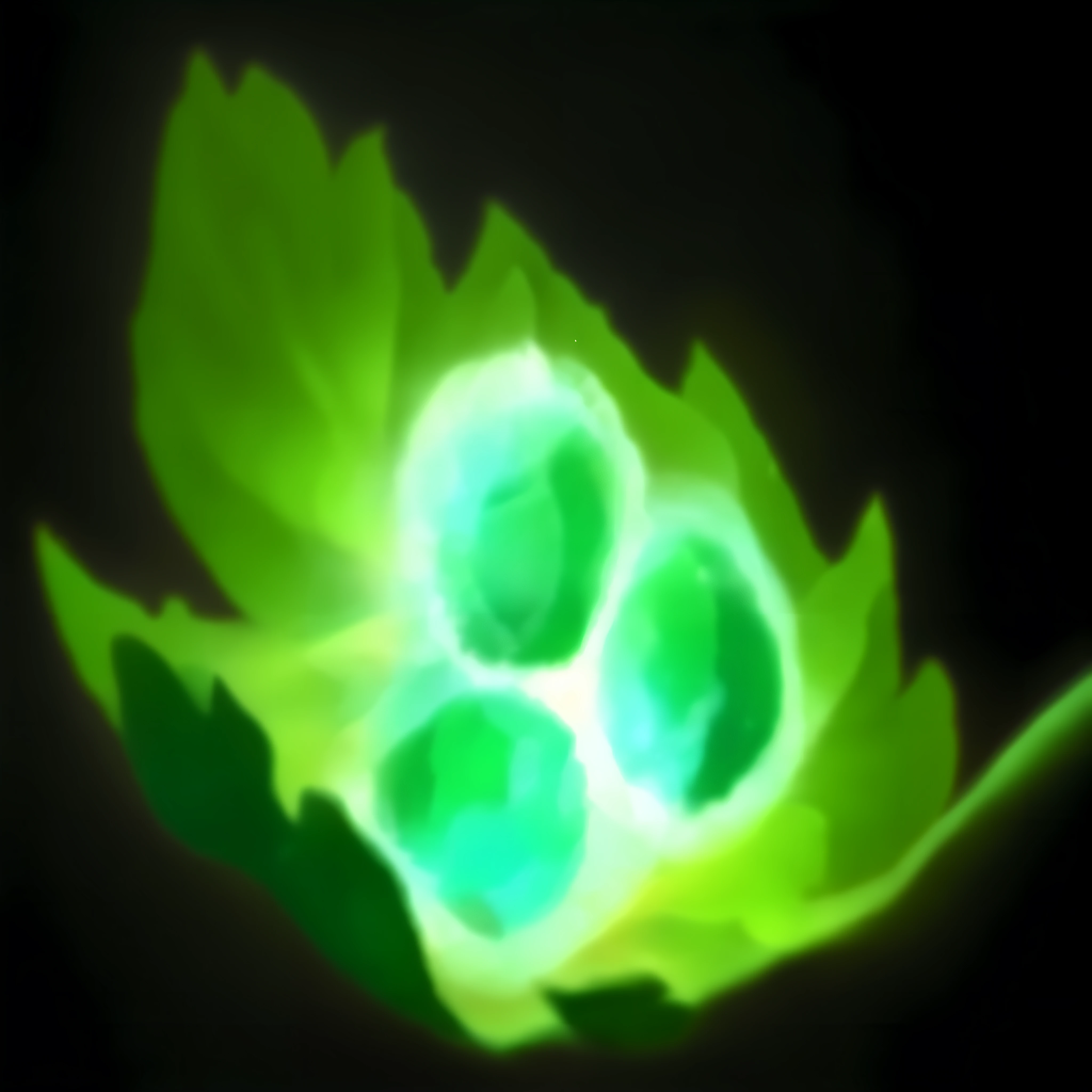 there is a green plant with three green leaves on it, world of warcraft spell icon, glowing orbs, glowing spores flying, glowing green, glowing green crystals, glowing plants, fairy fruit. octane render, glowing leaves, leaves as dollars!! glow, green glows, magic spell icon, glowing sprites, avatar image, glowing particulate, glowing particles