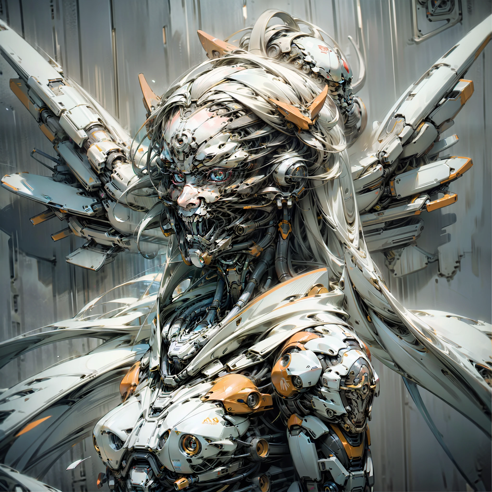 Intricate 3d rendering ultra-detailed beautiful angel of death, biomechanical robot, simulated 150mm lens, beautiful natural soft edge light, neon veins, roots, delicate leaf lace, colorful details, Boris Bidjan Saberi costume, pearl earrings, piercings, art nouveau fashion embroidery, intricate details, mesh lines, Mandelbrot fractals, facial muscles, cables, microchips, villains, surreal, ultra-detailed, octane, volumetric lighting, 8k and post-production, red The white has a little bit of black, Metal Skeleton Details, Half-Human, Iridescent, Glenn Brown Style, Futuristic Room, Power of God, High Angle Shot, Complex Body Poses