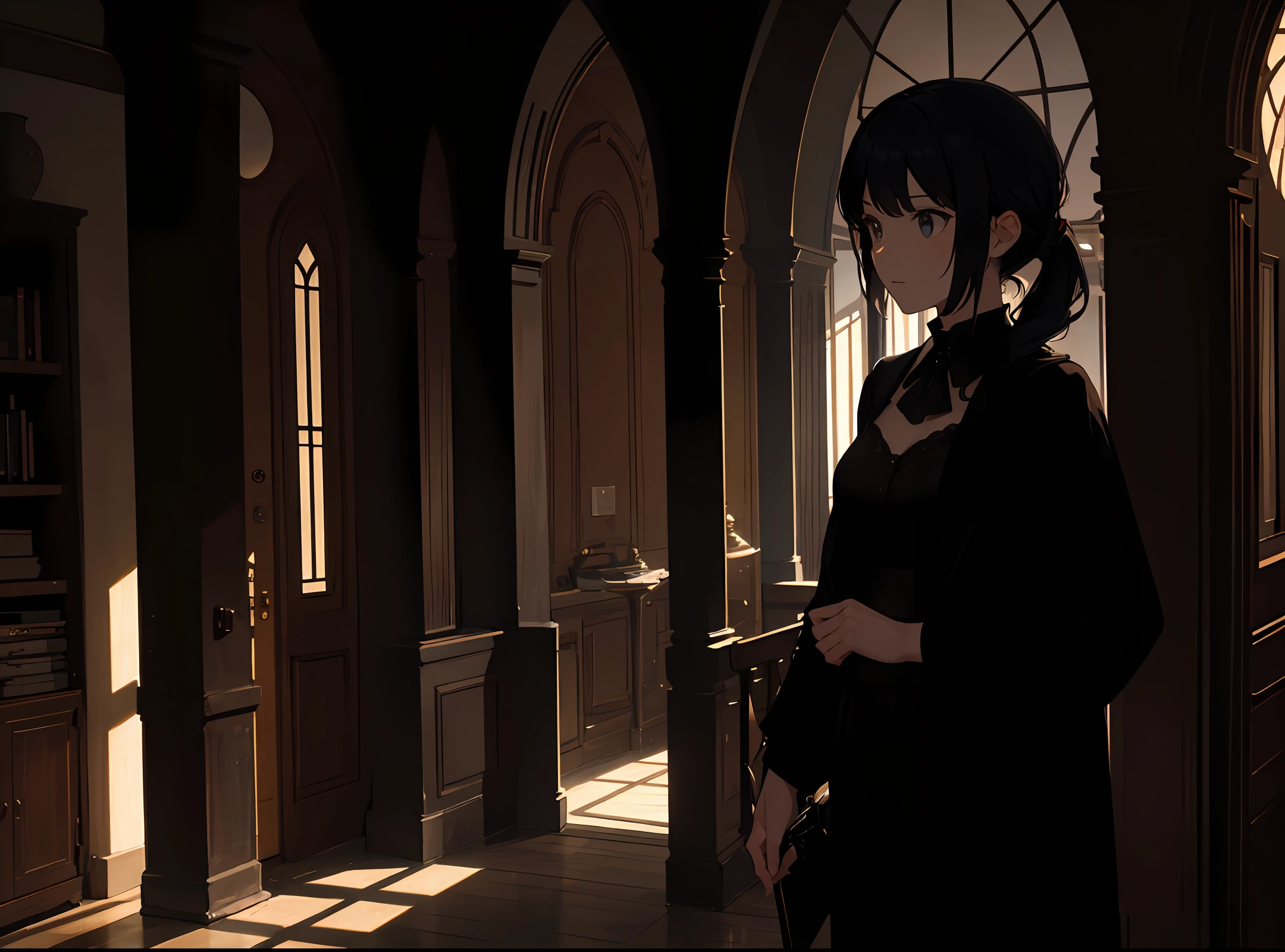 A female character atmosphere map with an English-style urban architectural background, with light and shadow, showing at least above the chest and one hand