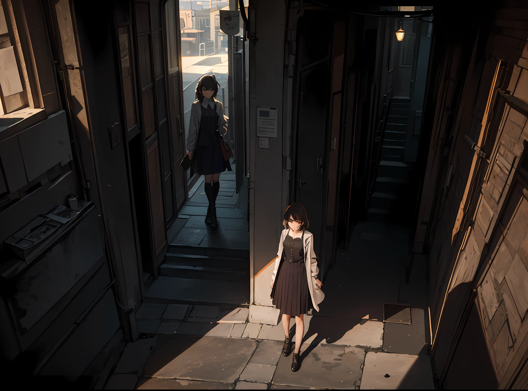 A female character atmosphere map with an English-style urban architectural background, with light and shadow, showing at least above the chest and one hand