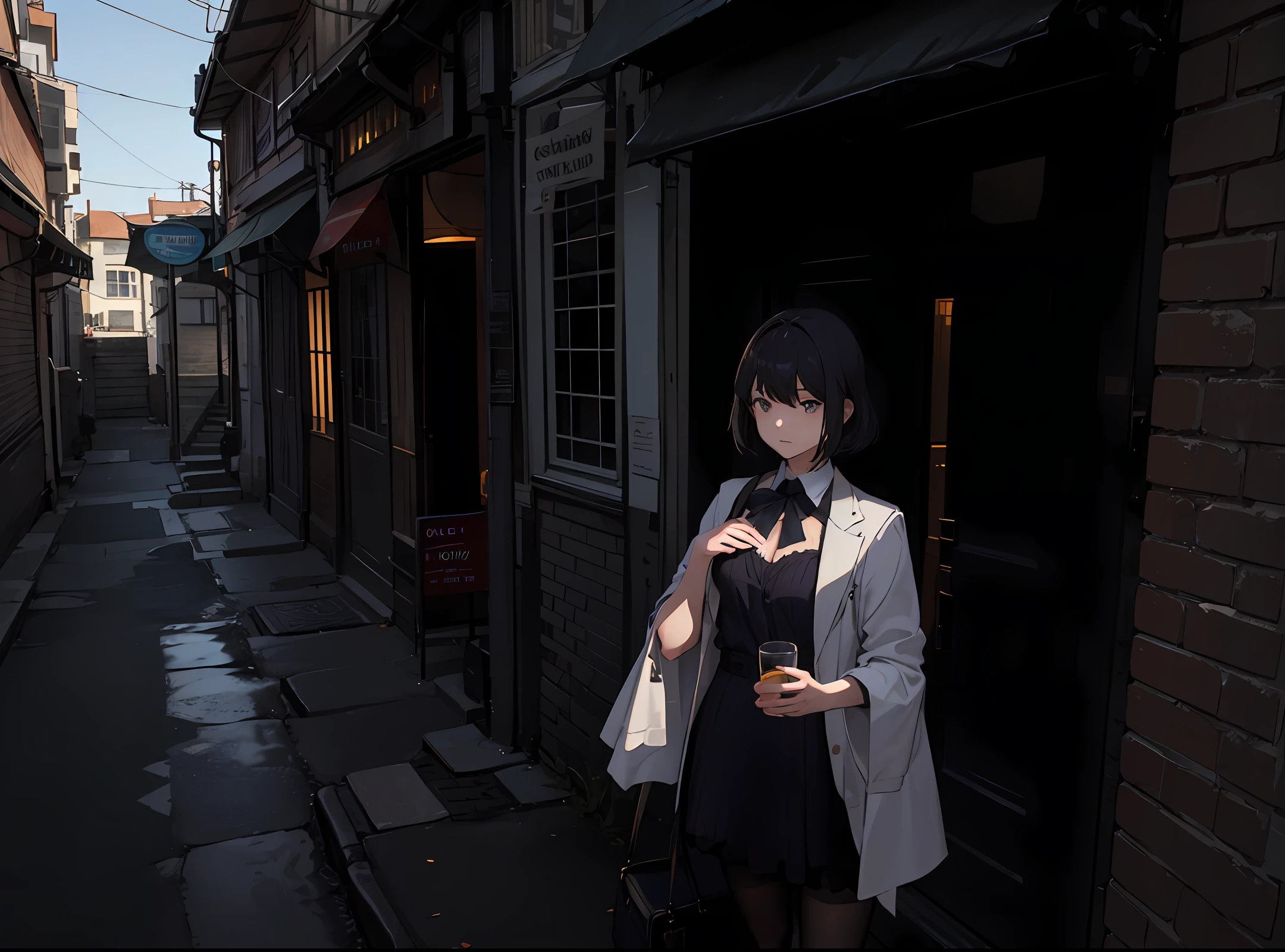 A female character atmosphere map with an English-style urban architectural background, with light and shadow, showing at least above the chest and one hand