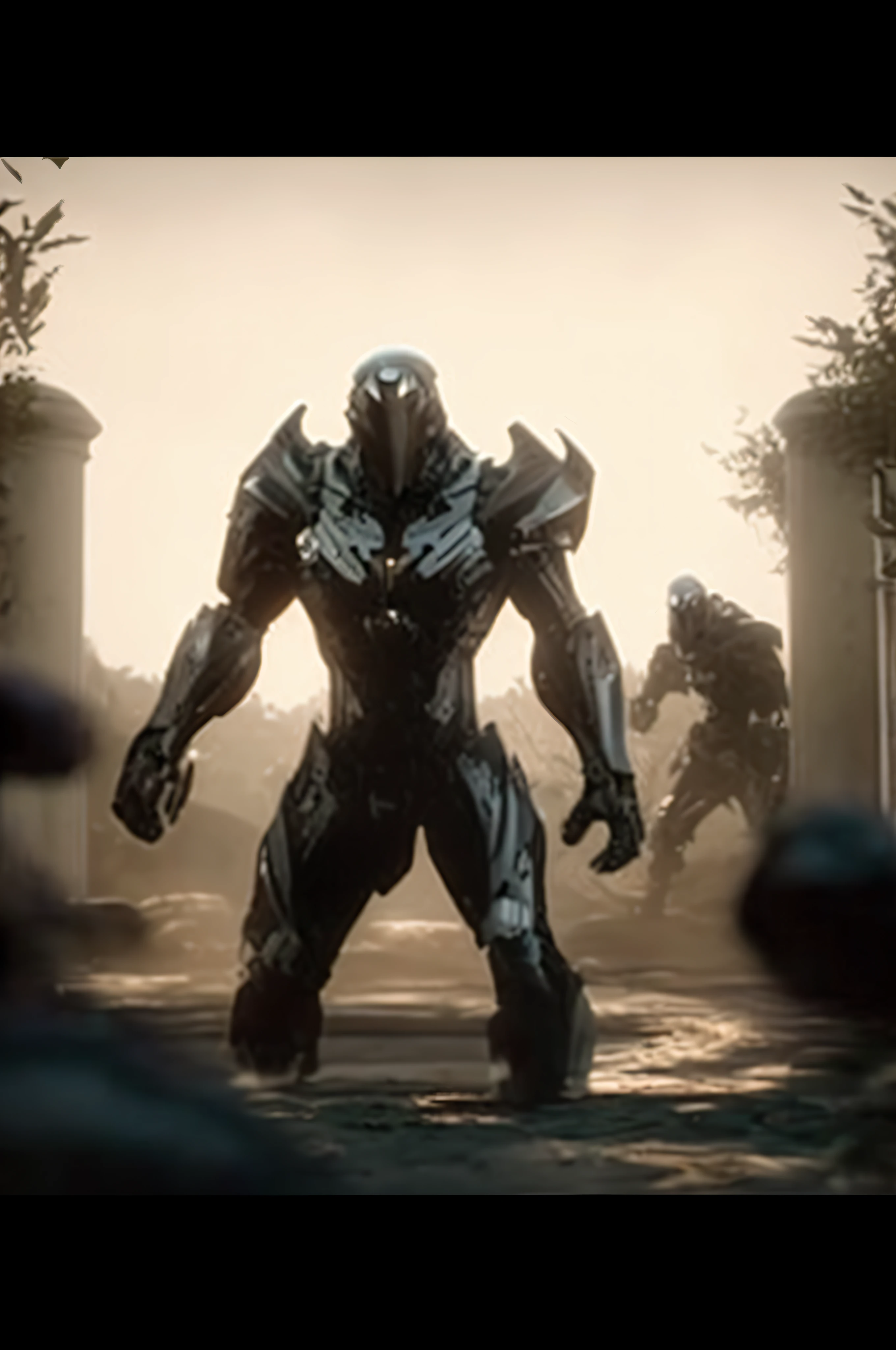 a man in a steel suit standing in front of a group of zombies, unreal engine. film still, endwalker cinematic, crysis nanosuit, menacing. unreal 5, unreal engine', warframe infested art, unreal 4 screenshot, guyver style, unreal engine cinematic, guyver dark hero, unreal engine”, unreal engine ”, cinematic unreal 5, infinity blade armor